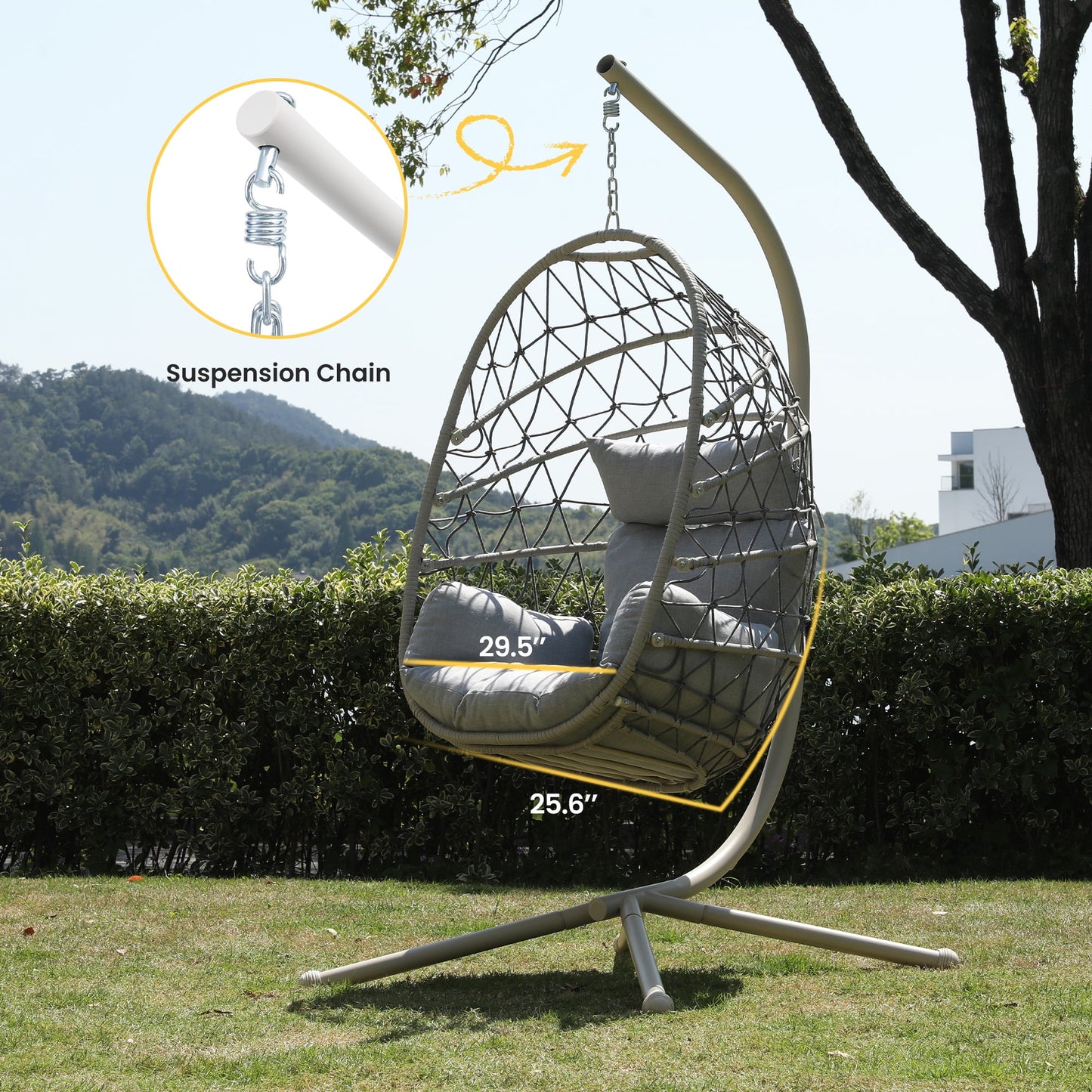 Heynemo Hanging Egg Chair with Stand, Outdoor Patio Wicker Hanging Egg Chair, Egg Swing Chair with Stand 350lbs Capacity for Garden, Balcony, Bedroom, Beige & Gray
