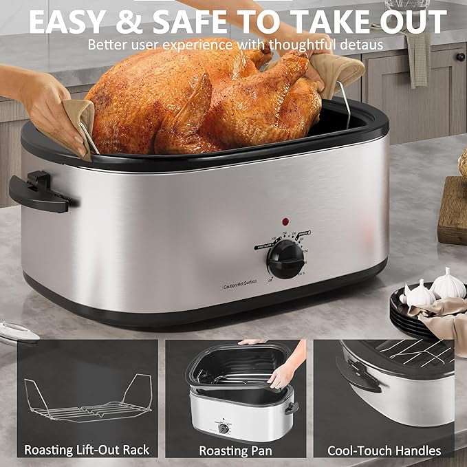 Superjoe 28 QT Roaster Oven Electric with Self-Basting Lid, Removable Pan, Variable Temp - Silver