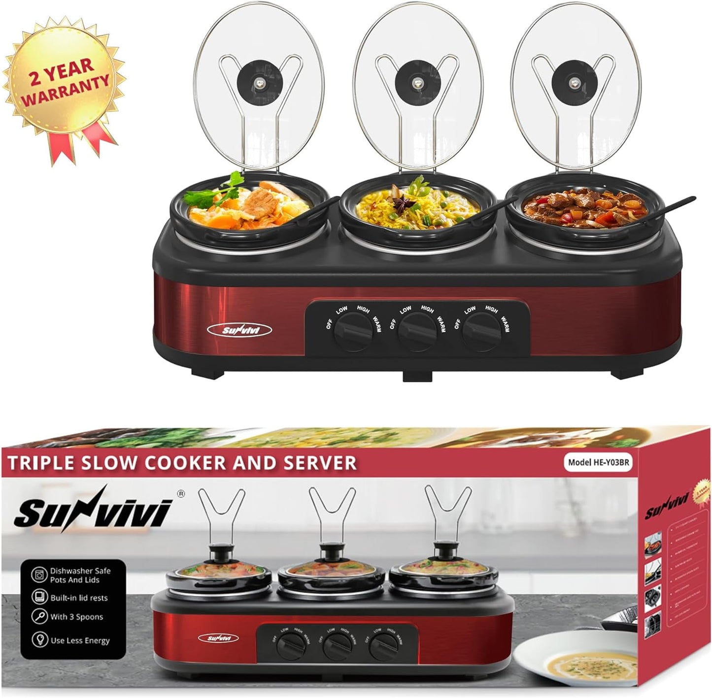 Sunvivi Triple Slow Cooker,3 Pot Food Small Mini Manual Slow Cooker with Adjustable Temp ,Removable Ceramic Pot,4.5 QT Red