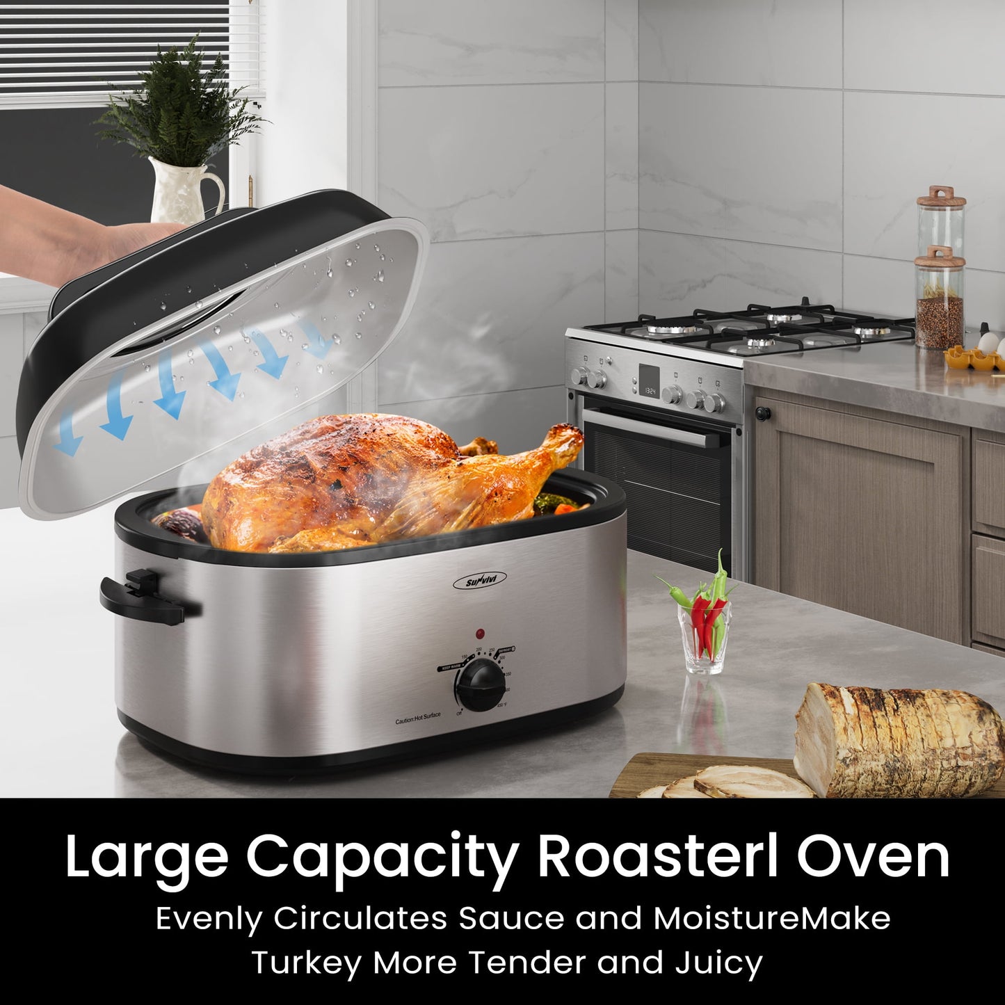 Sunvivi Roaster Oven with Self-Basting Lid, 24qt Electric Roaster with Removable Pan & Rack, Turkey Roaster Oven with Defrost & Warm Function, Stainless Steel, Silver-2