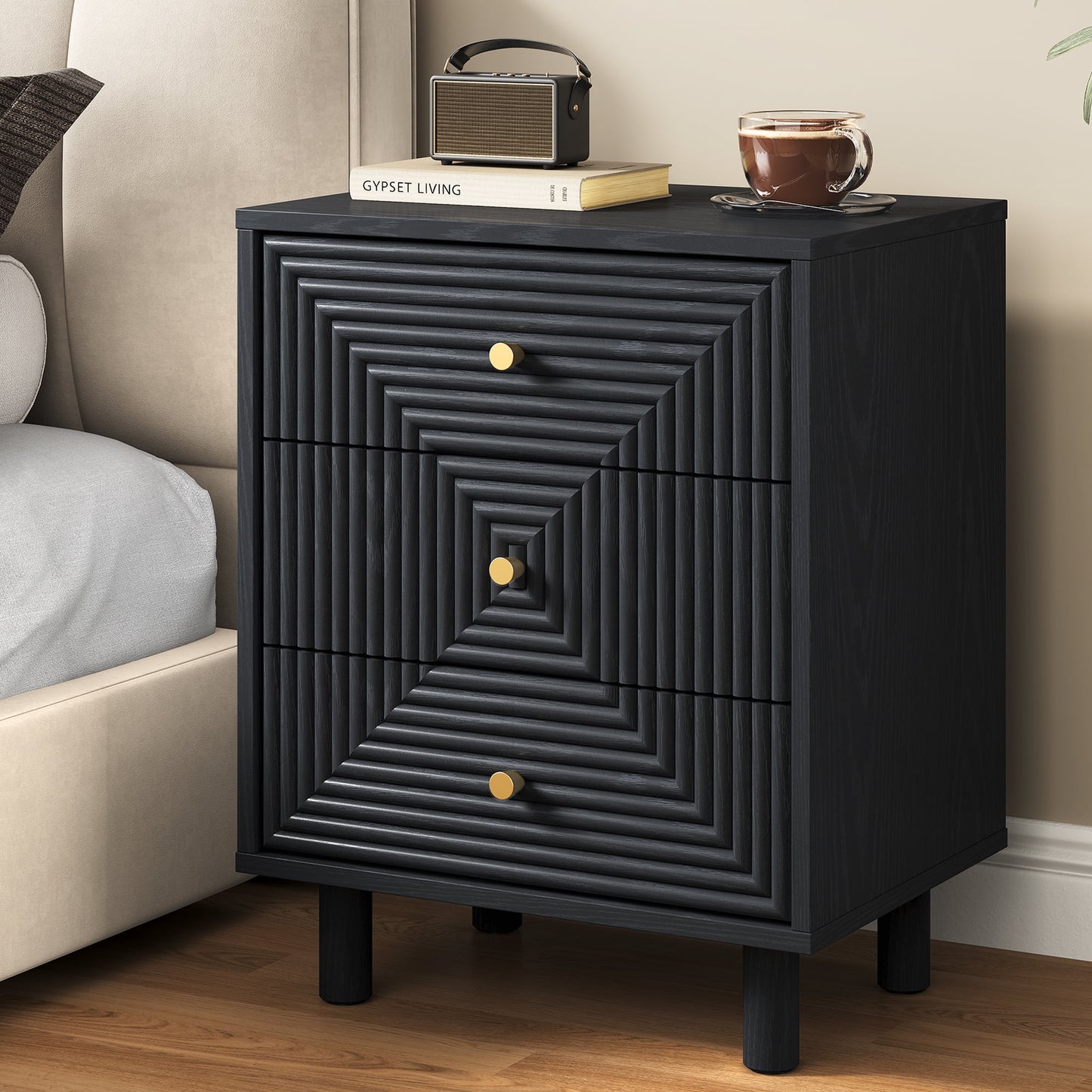 Heynemo Nightstand with 3 Drawers Set of 2, Modern Chest of Drawers for Bedroom, Living Room, Entryway, Black
