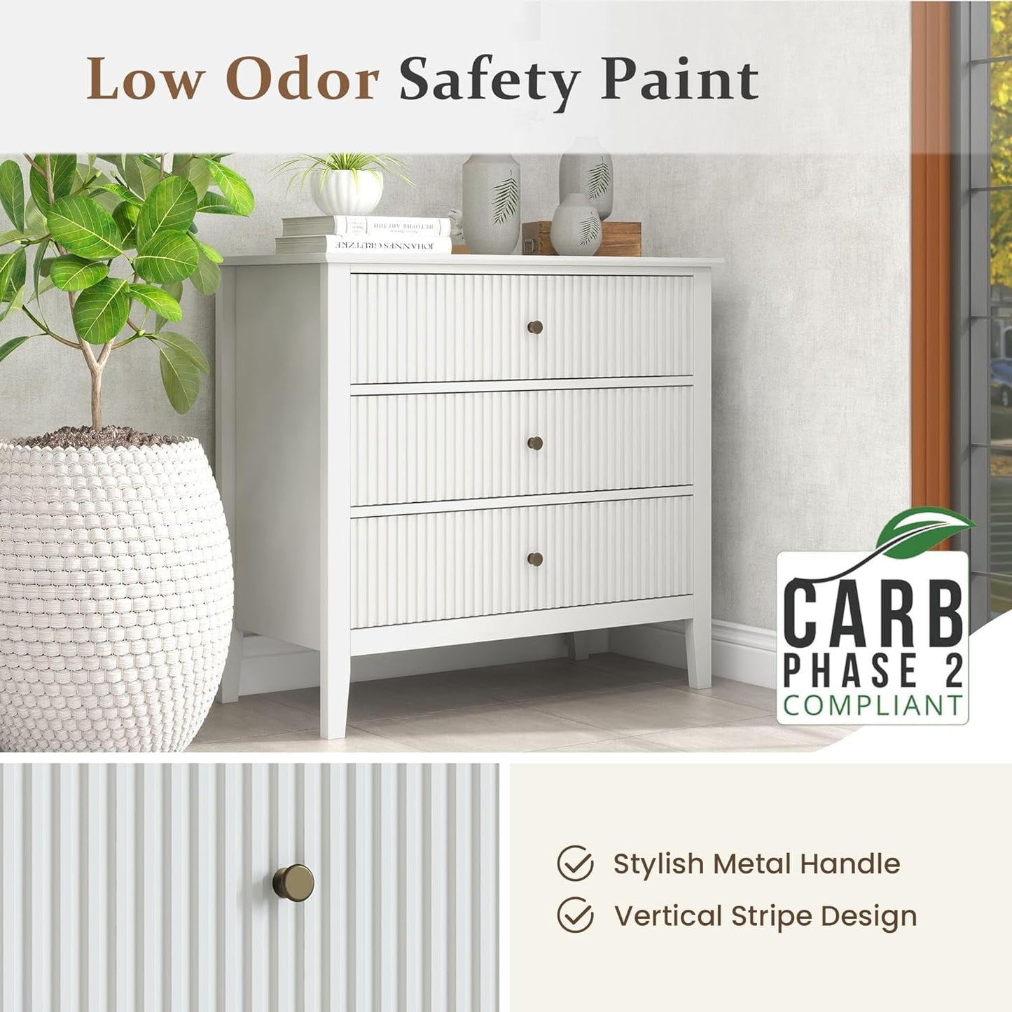 RoyalCraft Large White 3 Drawer Dresser Set of 2 with Fluted Panel, Modern Chest of Drawers with Silent Slide Drawers, Wood Accent Nightstand with Storage for Bedroom Living Room, Nursery, Hallway
