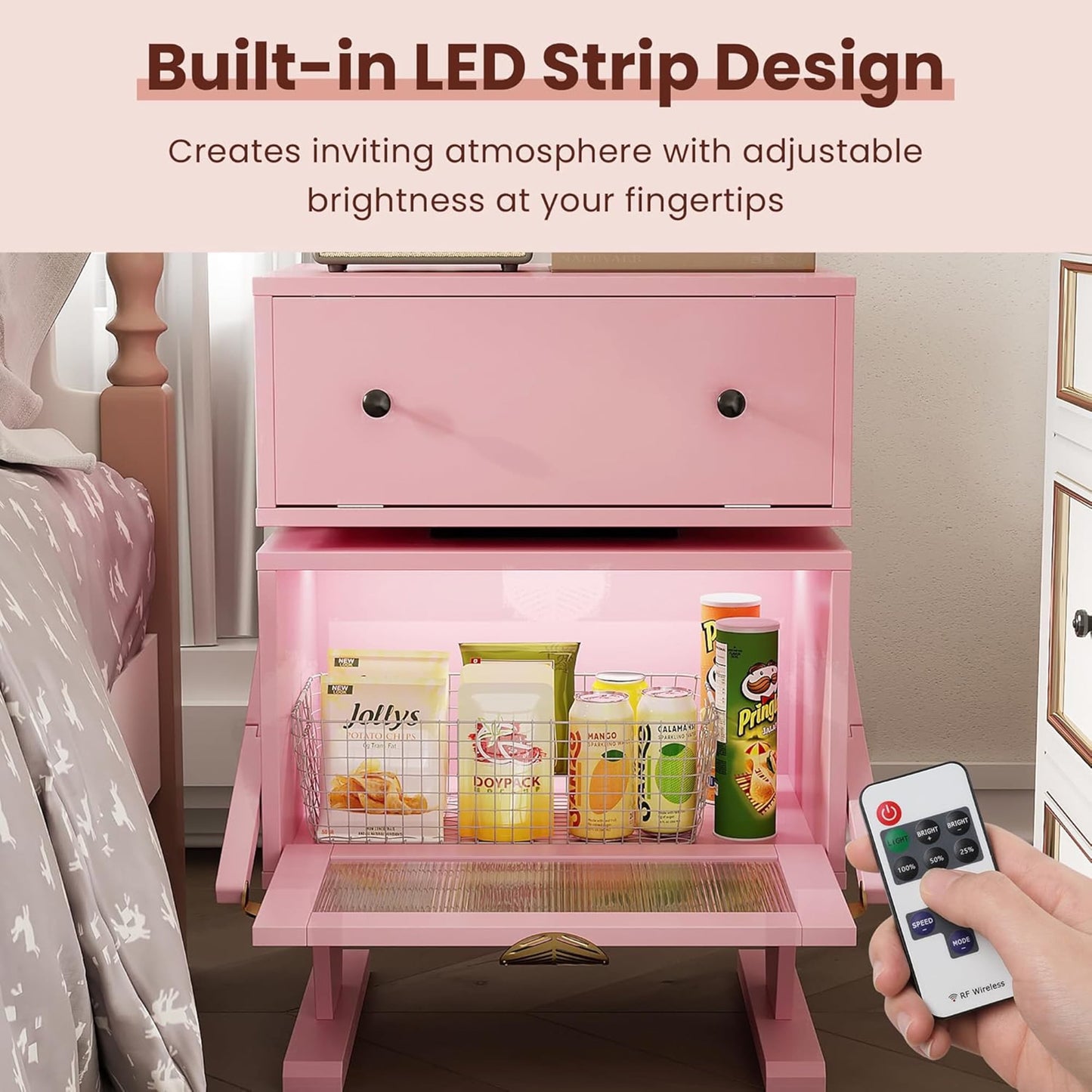 RoyalCraft Nightstand with LED Light Strips, Rotating Drawer & Glass Door Storage, Pink