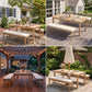 3-Piece Acacia Patio Table & Bench Set for All-Weather, Outdoor Patio Dining Set with Umbrella Hole & Benches with Removable Cushions, Durable Patio Table and Bench Set for Garden, Heynemo
