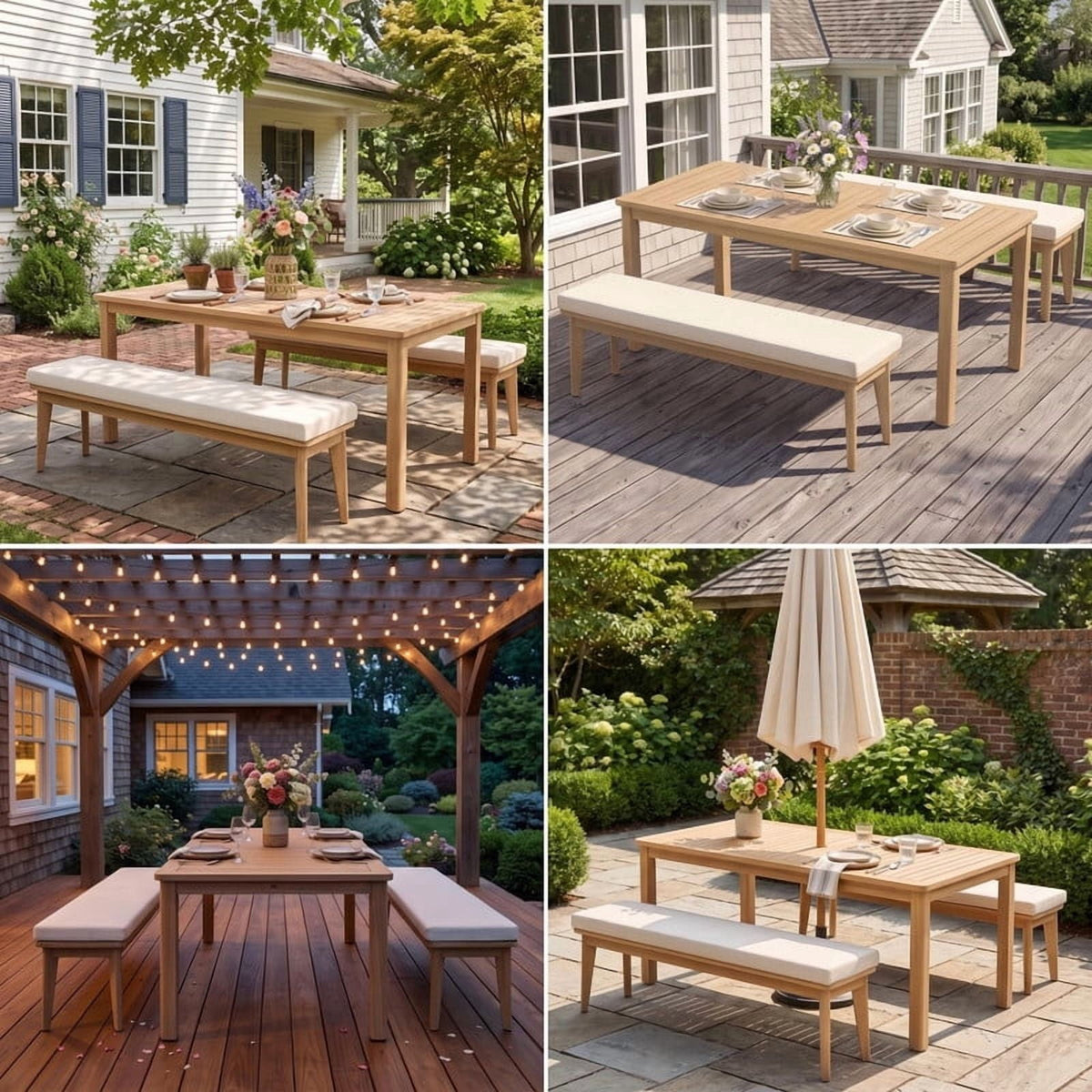 3-Piece Acacia Patio Table & Bench Set for All-Weather, Outdoor Patio Dining Set with Umbrella Hole & Benches with Removable Cushions, Durable Patio Table and Bench Set for Garden, Heynemo