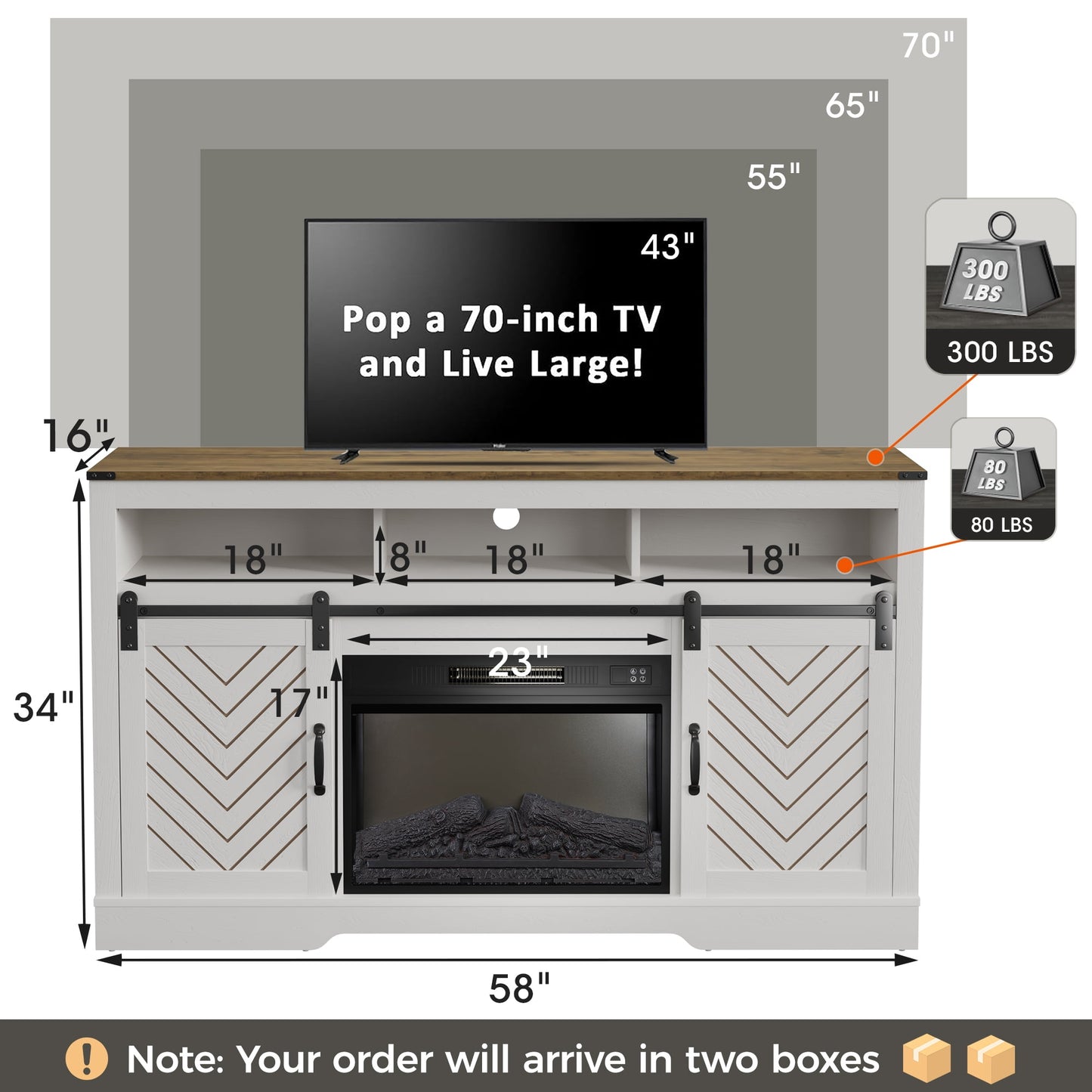 May in Color Fireplace TV Stand for 65+ Inch TV, Farmhouse Entertainment Center with Electric Fireplace, Antique White