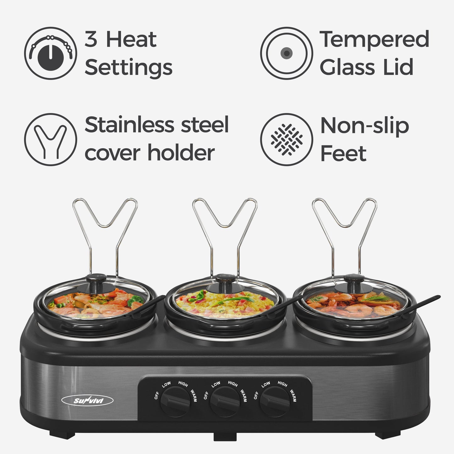 Sunvivi Triple Slow Cooker with 3 Spoons, Total 4.5 Quart, Stainless Steel