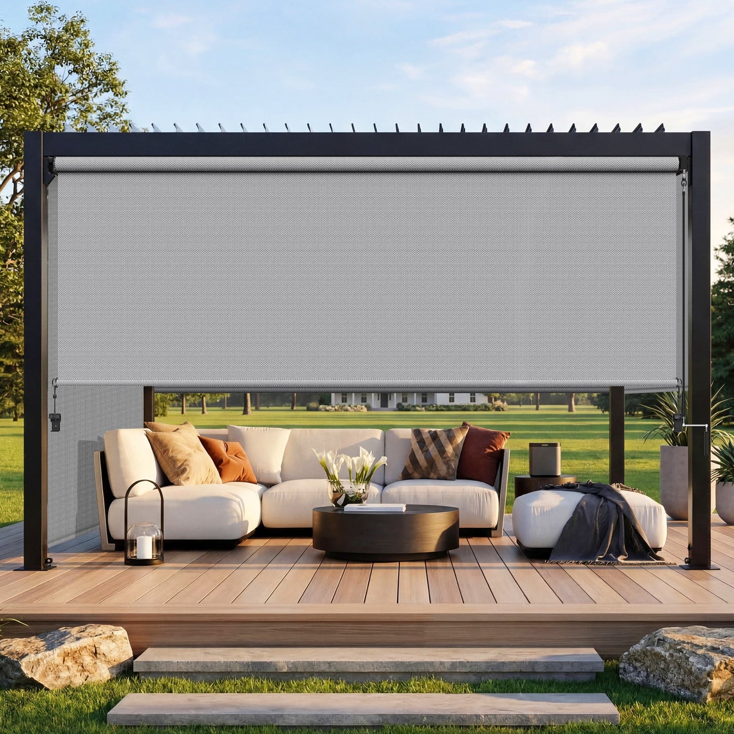 Heynemo 6'x 8' Outdoor Roller Shade, Cordless Patio Shade with Crank Handle, 95% UV Protection Outdoor Blind for Porch, Gazebo, Pergola, Gray