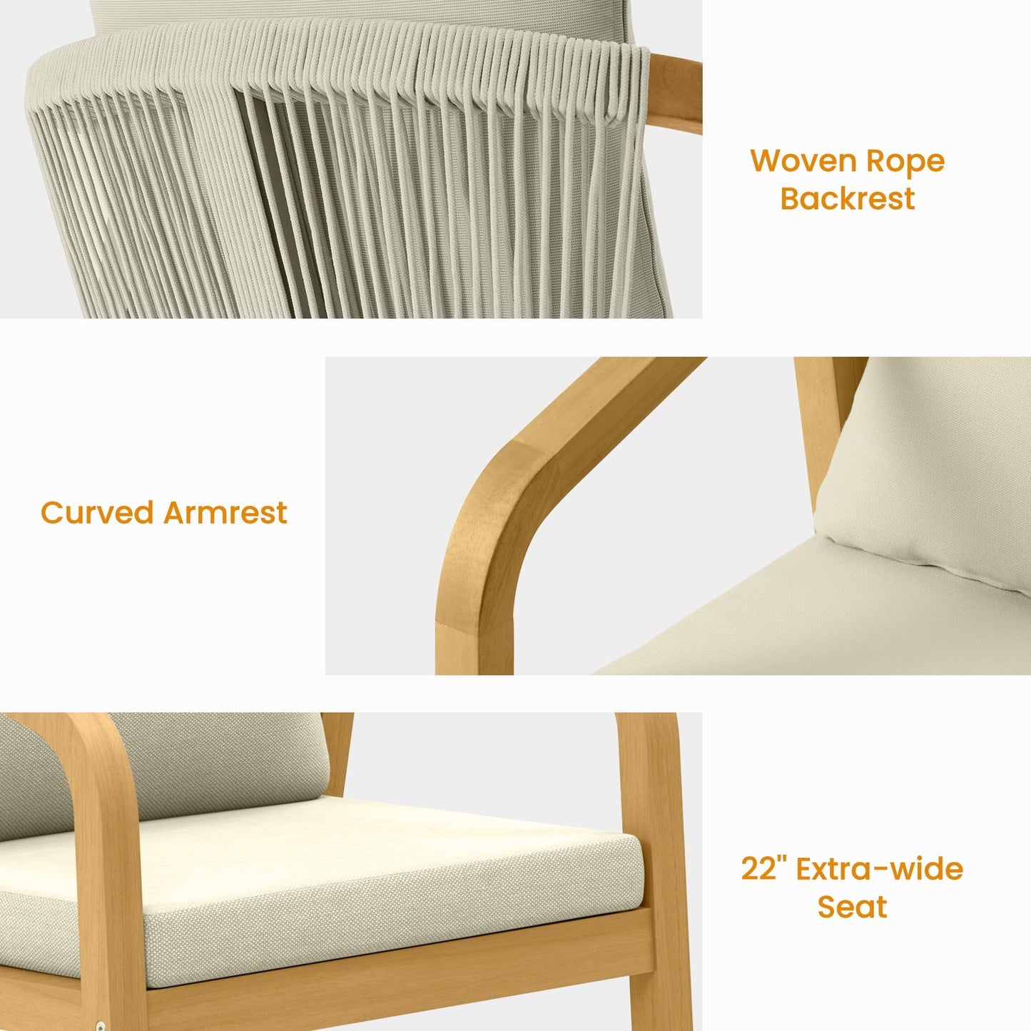 RoyalCraft Acacia Patio Dining Chairs Set of 4, Outdoor Wood Dining Chairs with Thick Cushions, Modern Patio Chairs with Woven Rope Backrest for Porch, Backyard, Garden, Indoor, Beige