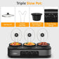 Superjoe Triple Slow Cooker Buffet Servers and Warmer,3 Pot Food Small Mini Manual Slow Cooker with Adjustable Temp Stainless Steel Lid Rests, Removable Ceramic Pot, Grey