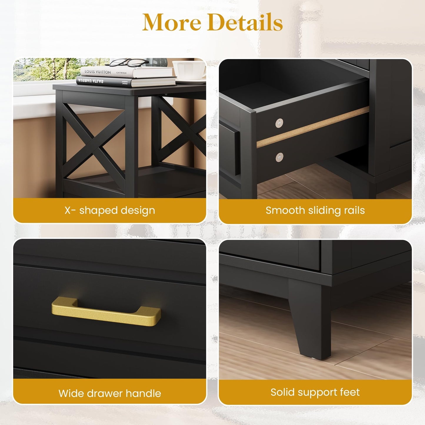RoyalCraft Tall Nightstand Set of 2, Side Table with 2 Drawers and Open Shelf on Top, Bedside Table with Solid Feet, Modern Night Stand End Table for Bedroom, Living Room, Home Office, Black