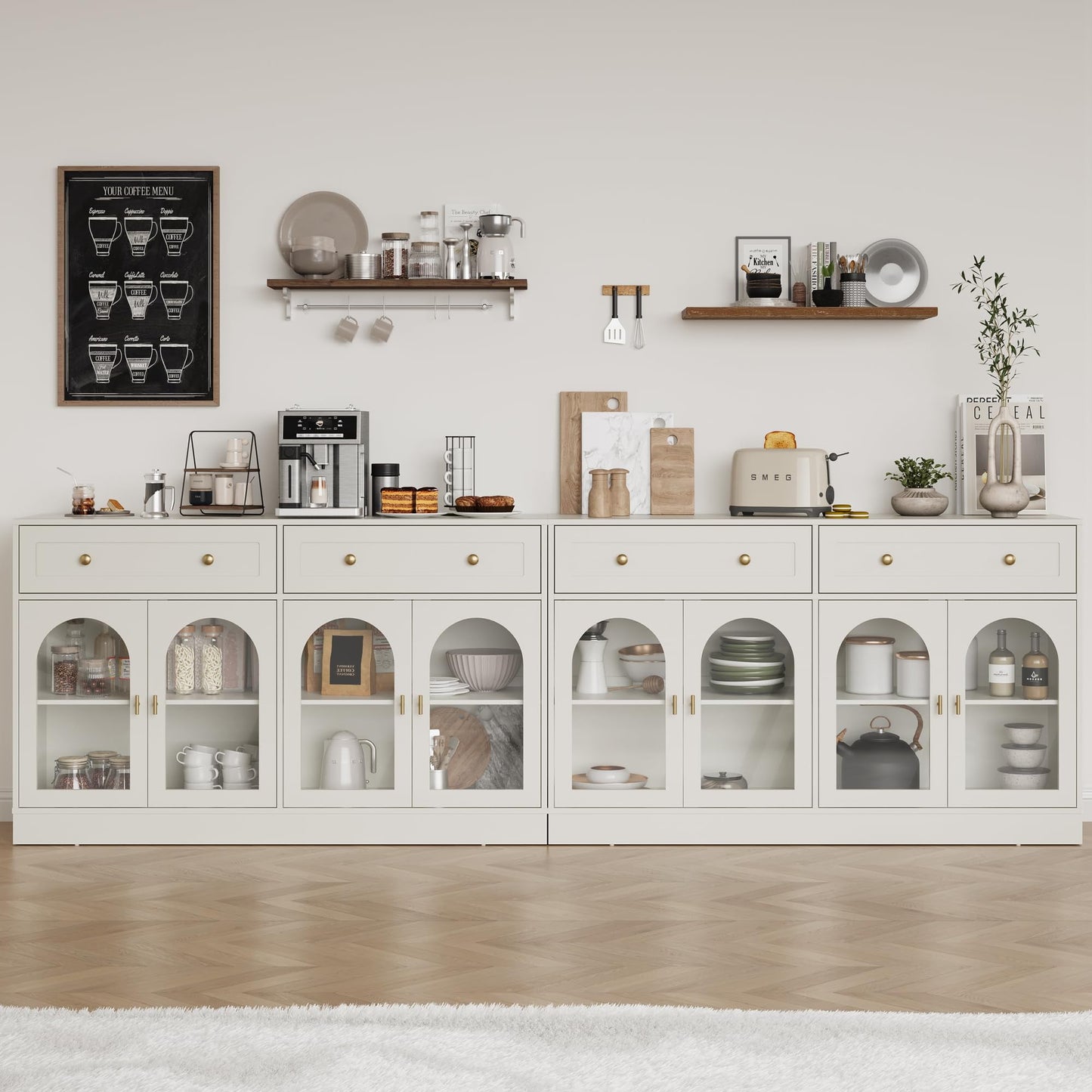 Heynemo Buffet Cabinet with Storage, 55.1" Large Sideboard Buffet Cabinet, Modern Kitchen Cabinet Display Cabinet with 2 Drawers and 4 Doors, Wood Coffee Bar Cabinet for Kitchen Dining Room, White