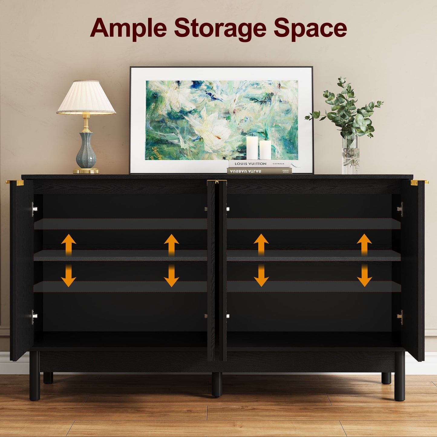 Heynemo Black 55'' Buffet Cabinet with Fluted Door and Adjustable Shelves