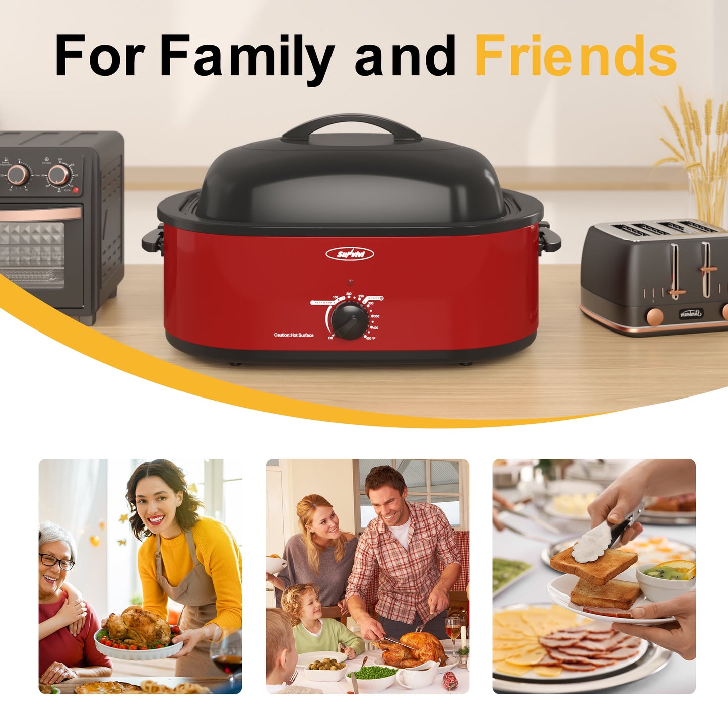 Sunvivi 18QT Roasting Oven with Self-Basting Lid Removable Pan, 150 to 450F Temperature Control Cool-Touch Handles,Red