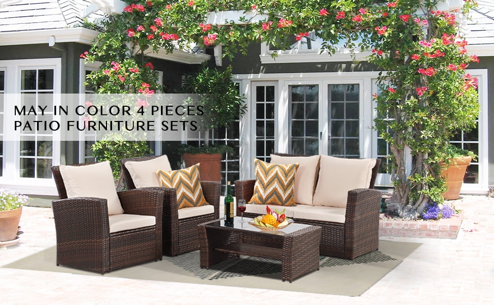 Cozyhom 4 Piece Rattan Outdoor Patio Sofa Furniture Sets, Wicker Conversation Couch Sets Rattan Sofa Chair With Cushion For Backyard Lawn Garden, Brown