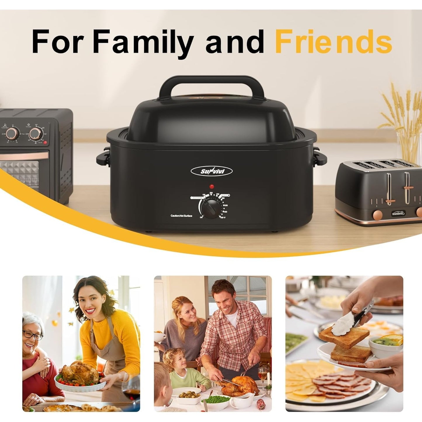 Superjoe 22 QT Electric Roaster Oven, with Self-Basting Lid, Stainless Steel Roaster Pan, Black