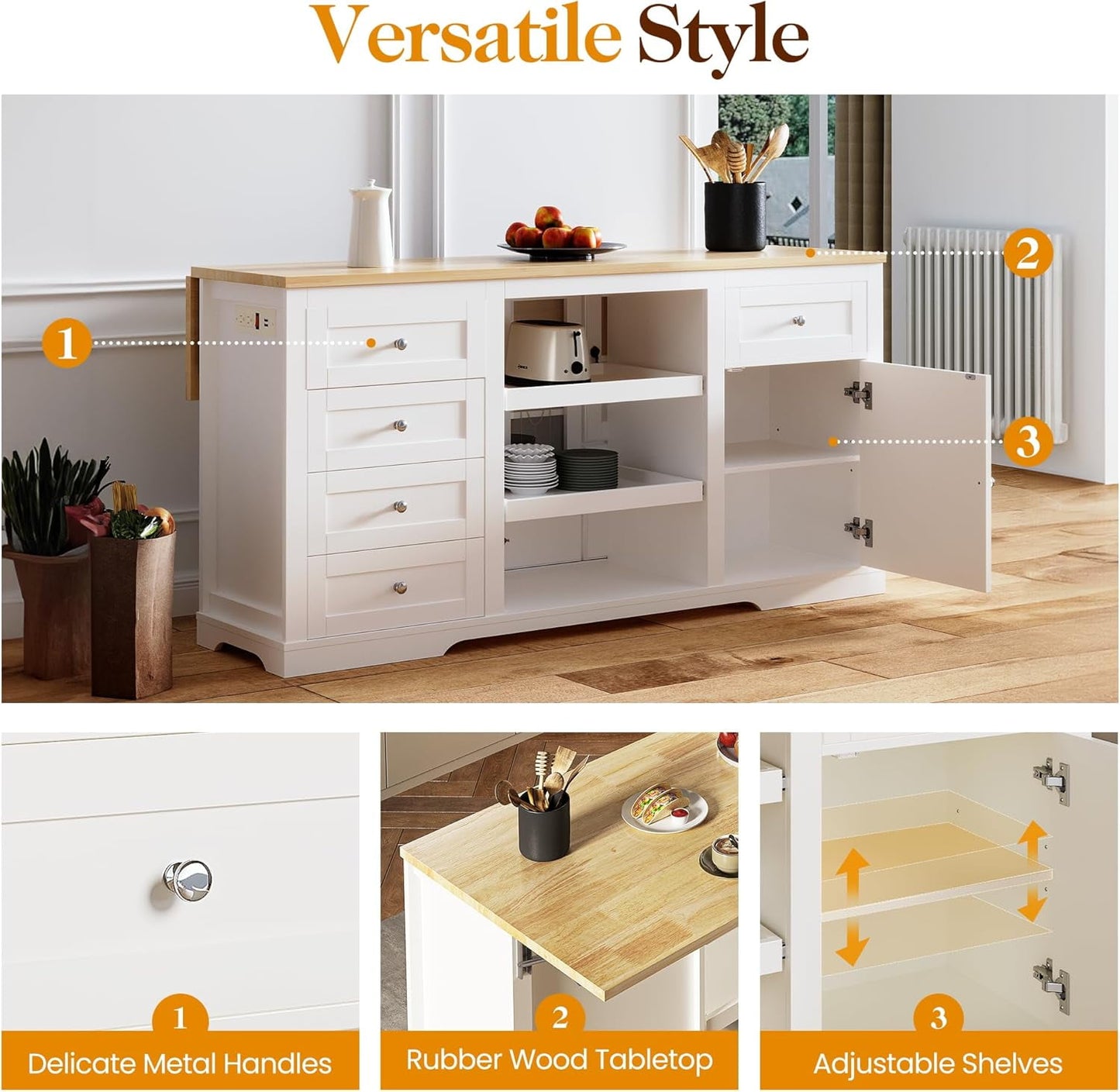 May in Color Modern 59" Kitchen Island with Storage and Drop-Leaf, Wood Island for Kitchen, White