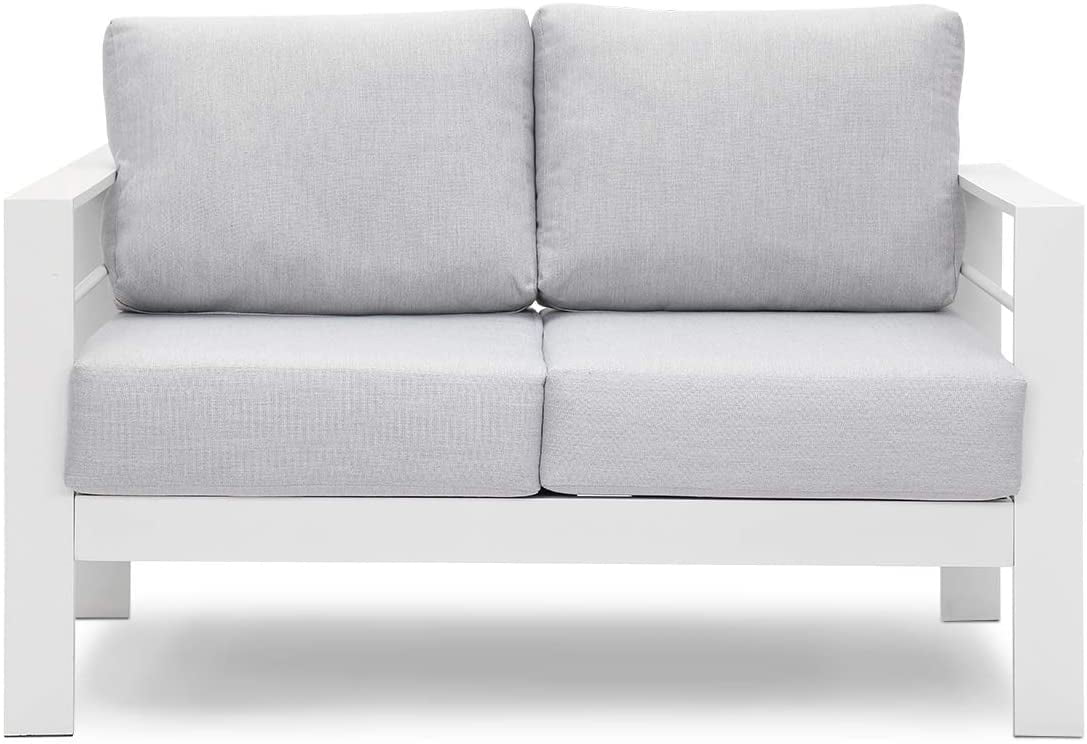 Superjoe Outdoor 2-Seat Patio Aluminum Loveseat Sofa Couch Furniture with Light Grey Cushions, White