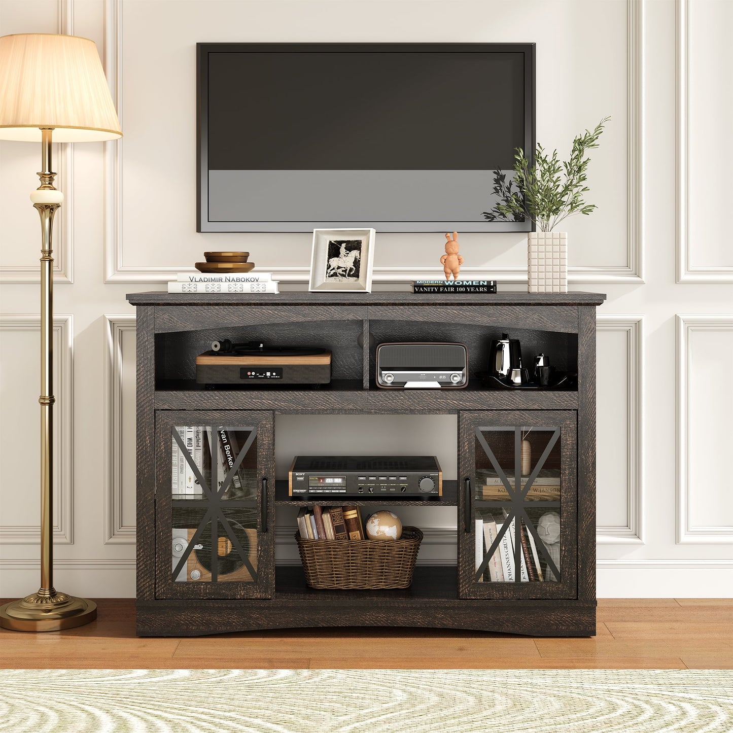 May in Color 47'' Farmhouse TV Stand with Adjustable Shelves, Glass Doors & LED Lights