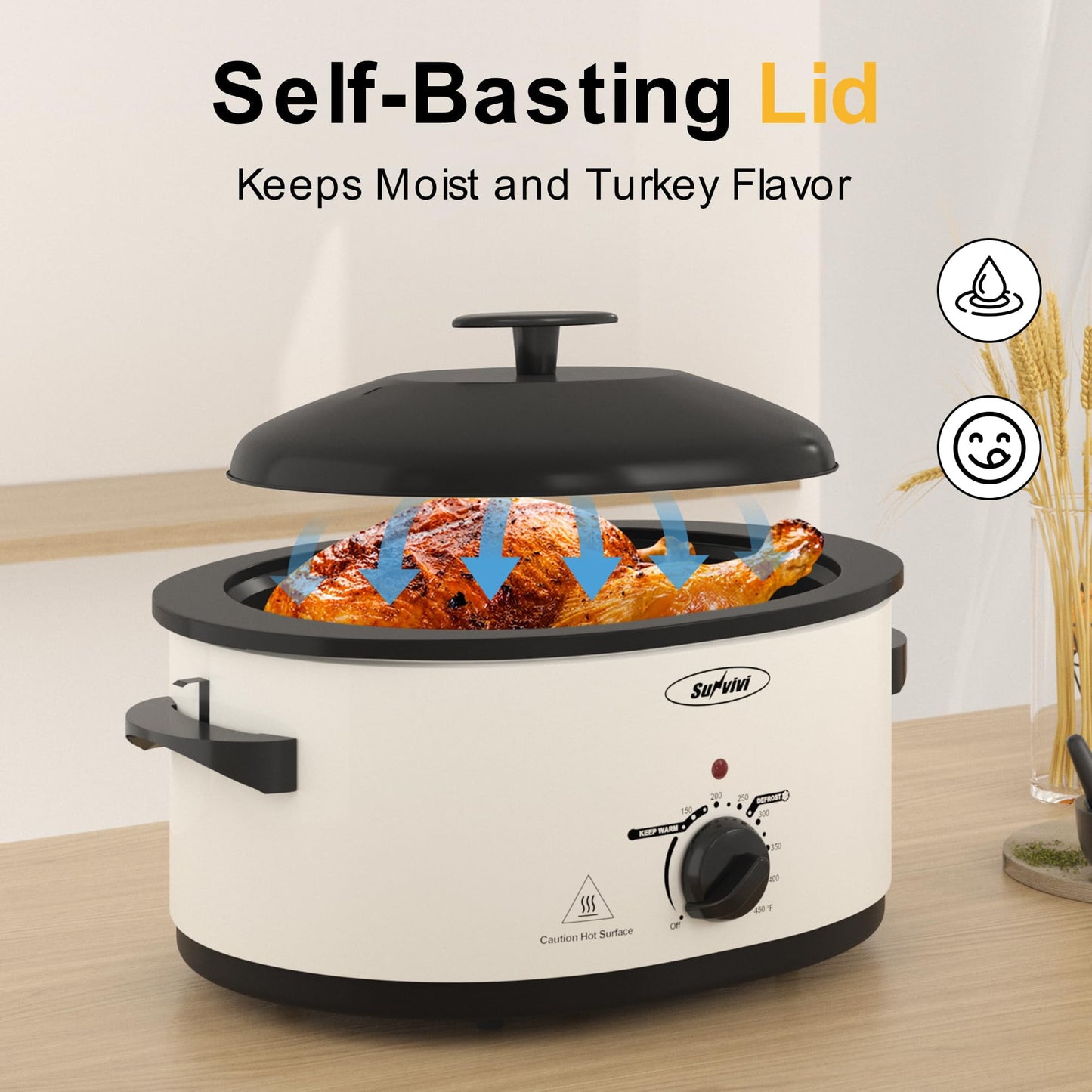 Sunvivi Roaster Oven with Self-Basting Lid, Electric 8-Quart Turkey Roaster Oven with Removable Pan and Rack, Stainless Steel, White