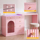 May in Color Pink Extendable Vanity with LED Lights, Rotatable L?Shaped Makeup Vanity Desk, 5 Drawers & Arched Glass Cabinet, Multi?Purpose Desk for Working, Studying, Drawing, Sewing, Nail Care