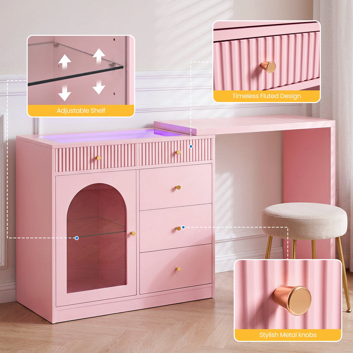 May in Color Pink Extendable Vanity with LED Lights, Rotatable L?Shaped Makeup Vanity Desk, 5 Drawers & Arched Glass Cabinet, Multi?Purpose Desk for Working, Studying, Drawing, Sewing, Nail Care