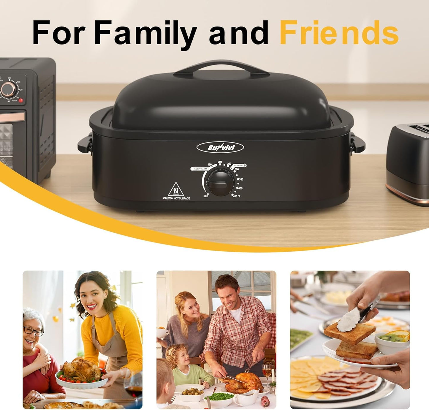 Superjoe 14 QT Electric Roaster Oven with Self-Basting Lid, Removable Pan and Rack, Stainless Steel, Black