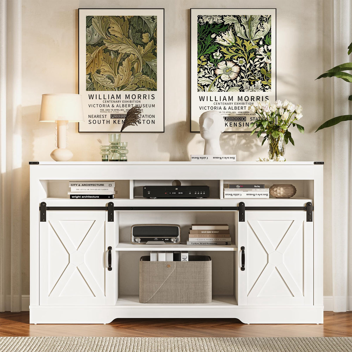 Heynemo TV Stand for 65+ Inch TV, Farmhouse 34'' Tall Entertainment Center for 23" Fireplace, Rustic TV Console with Sliding Bar Door for Living Room (White)