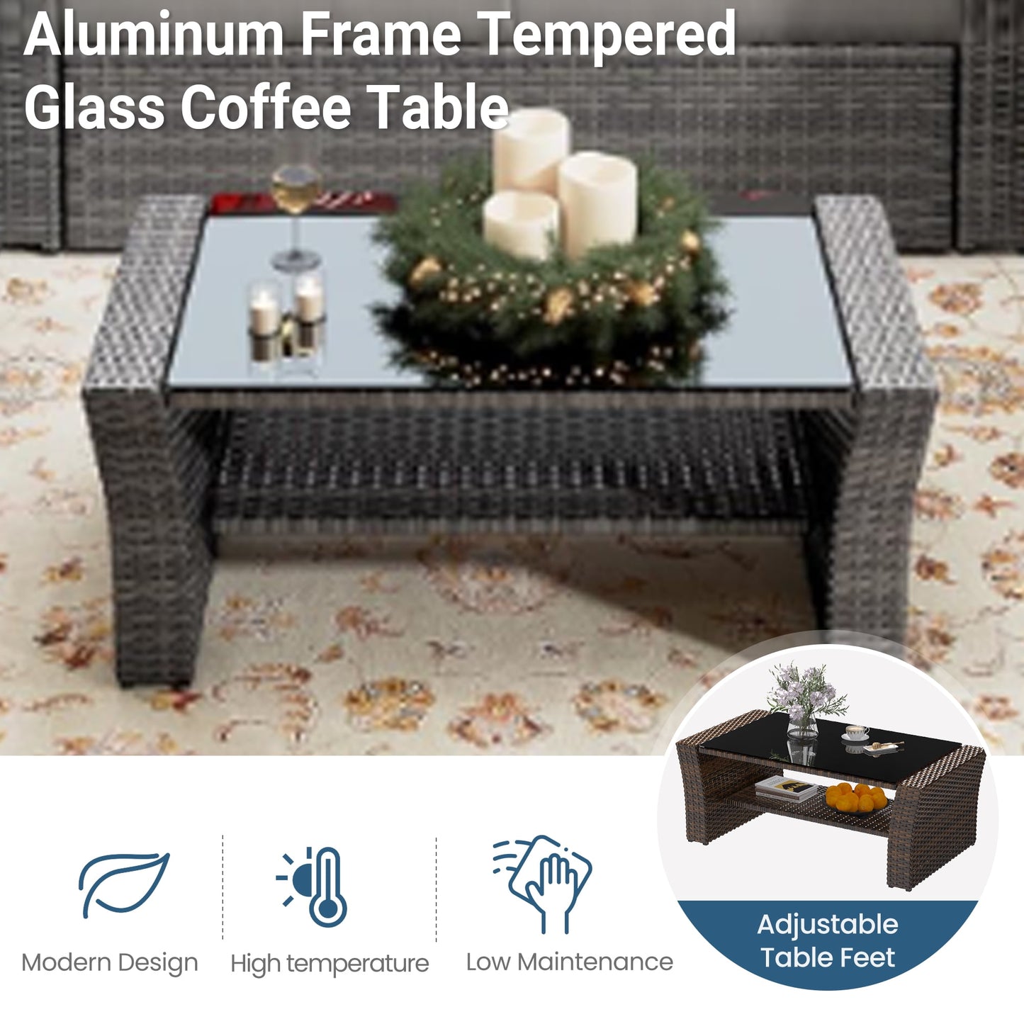 Heynemo Outdoor Patio Furniture Set, 7 Piece Outdoor Dining Sectional Sofa with Dining Table and Chair, All Weather Wicker Conversation Set with Ottoman, Blue