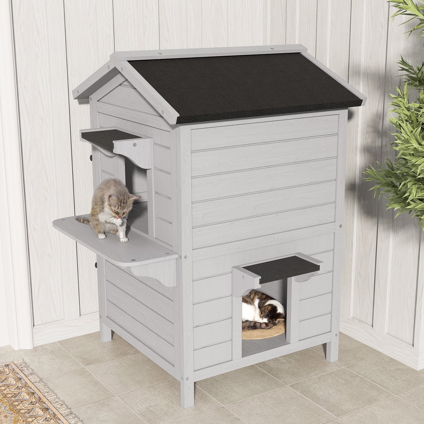 Outdoor Cat House for Multiple Cats, Wooden Cat Shelter with Weatherproof Roof, Large 2-Tier Cat Condo with Ventilation & Easy Access, Feral Cat House for Indoor or Outdoor Use