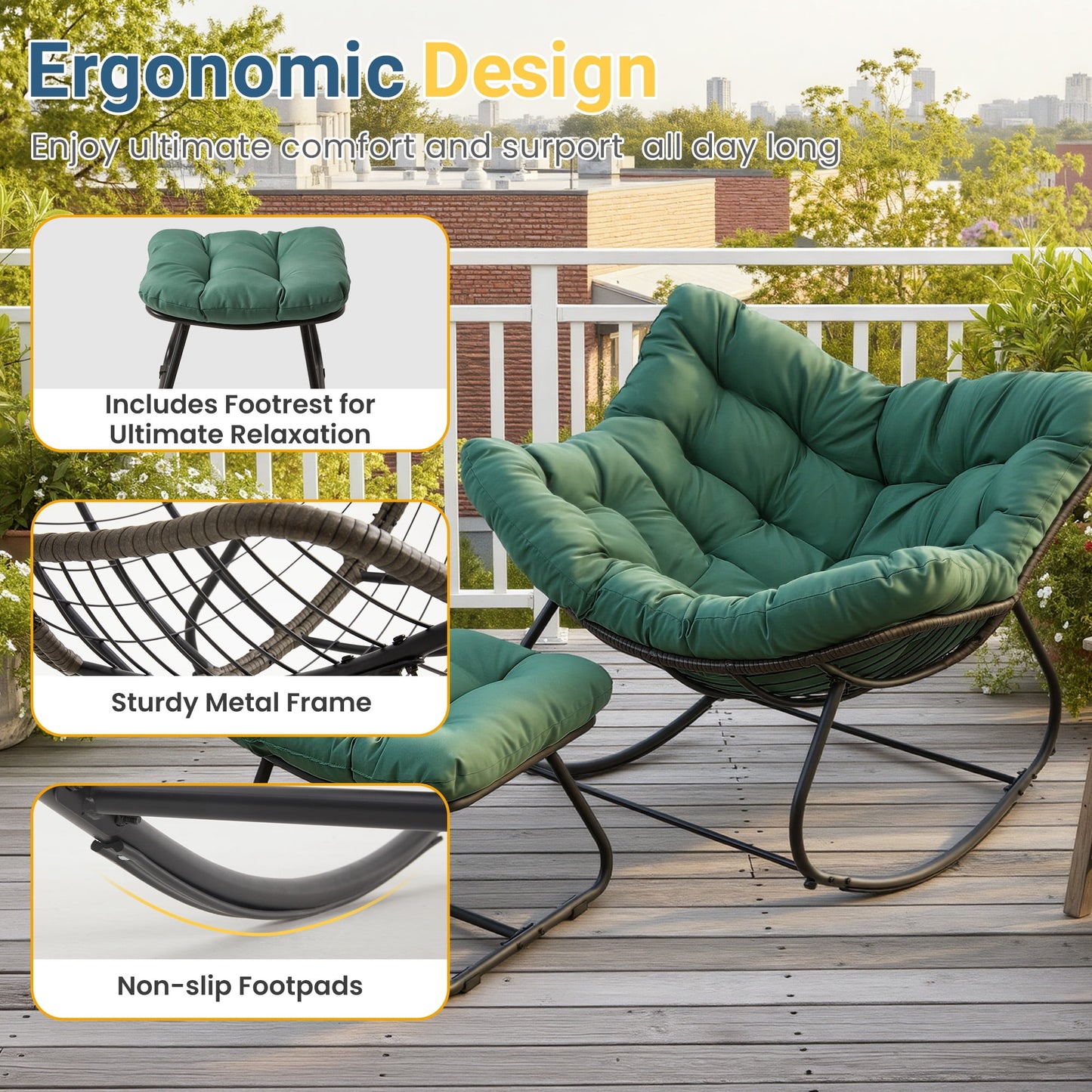 Heynemo Patio Rocking Chair with Ottoman for Outdoor & Indoor, Outdoor Wicker Papasan Chair with Thick Cushions for Garden, Porch, Green