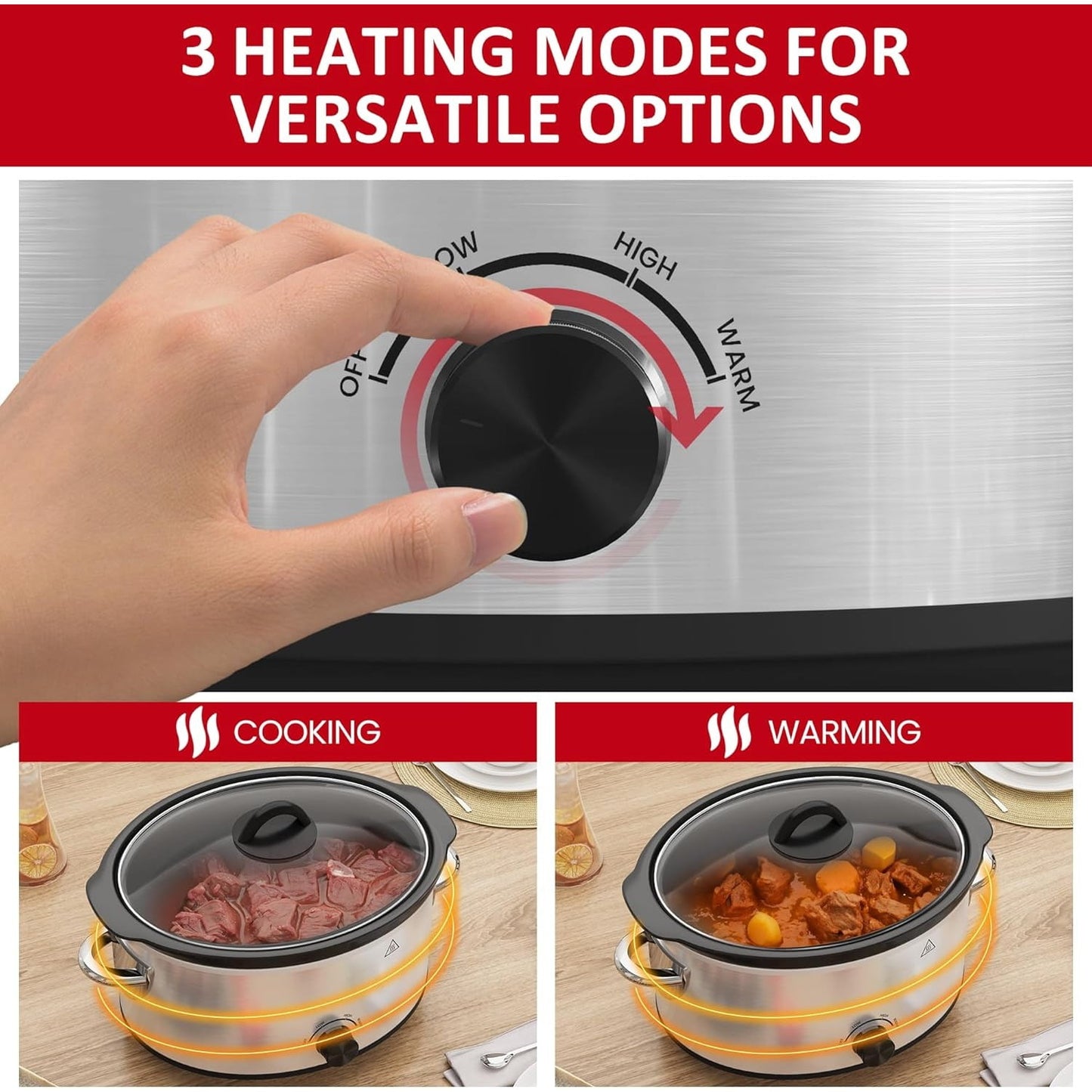 Superjoe 4 QT Slow Cooker, Buffet Server and Warmer with 3 Heating Modes, Compact Slow Cooker, Dishwasher-Safe Removable Ceramic Pot & Tempered Glass Lid, Stainless Steel, Stainless Steel