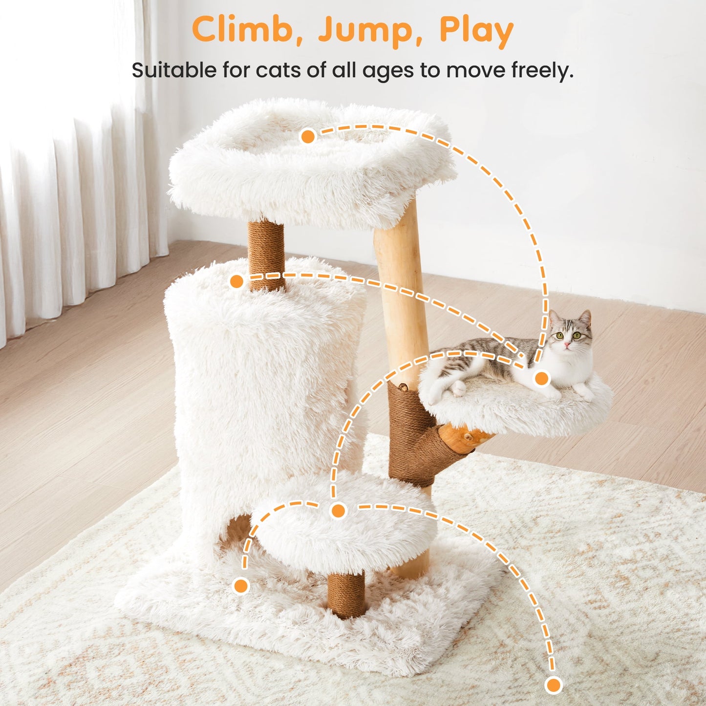 Heynemo 35-Inch Cozy Cat Tower with Scratch Posts, Two Cat Hideouts, Soft Pads, and Washable Cushion Cover,White
