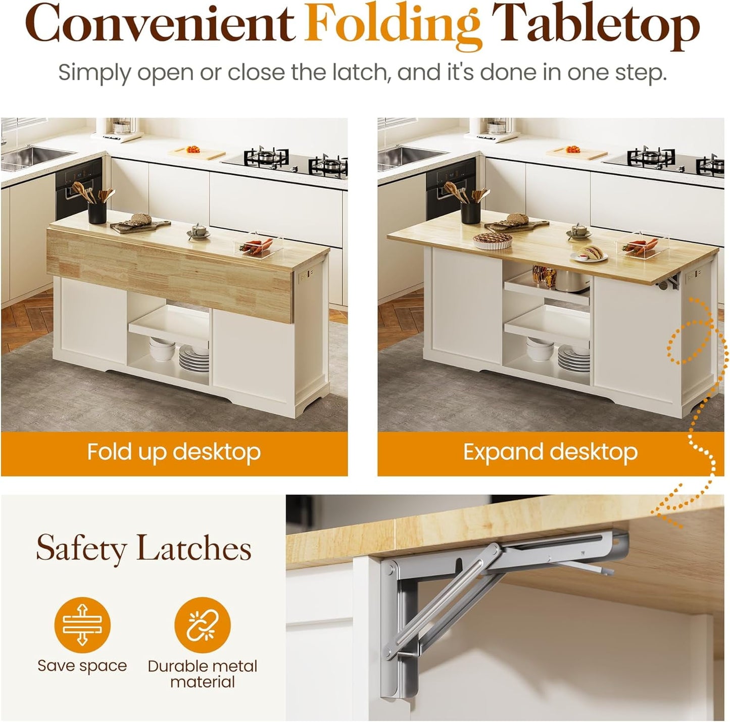 May in Color Modern 59" Kitchen Island with Storage and Drop-Leaf, Wood Island for Kitchen, White