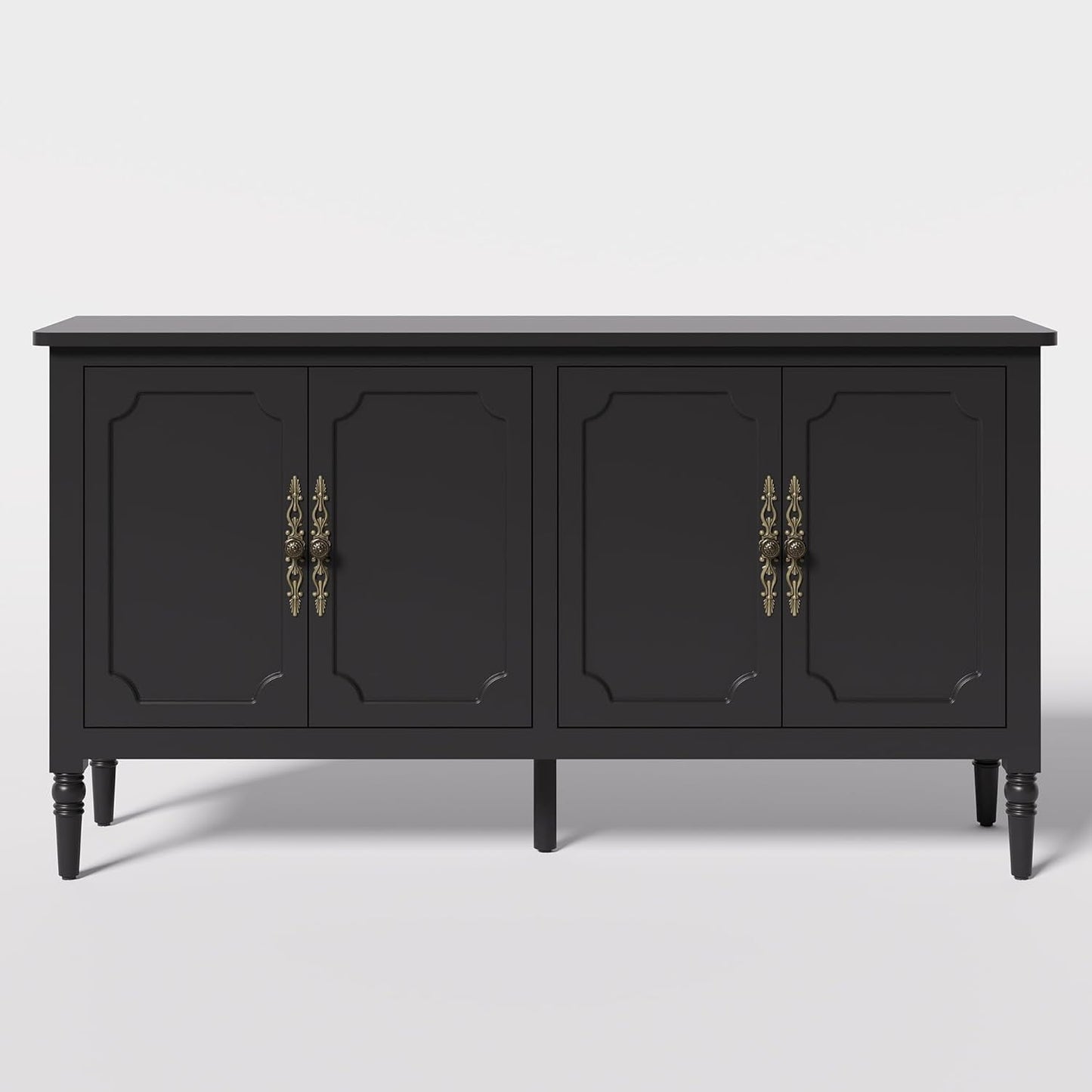 Superjoe Console Cabinet, 58'' Mid Century Modern Pantry Cabinet, Wood Buffet Cabinet, Media Cabinet with 4 Doors, Accent Cabinet for Entryway, Living Room, Bedroom, Dining Room (Black)