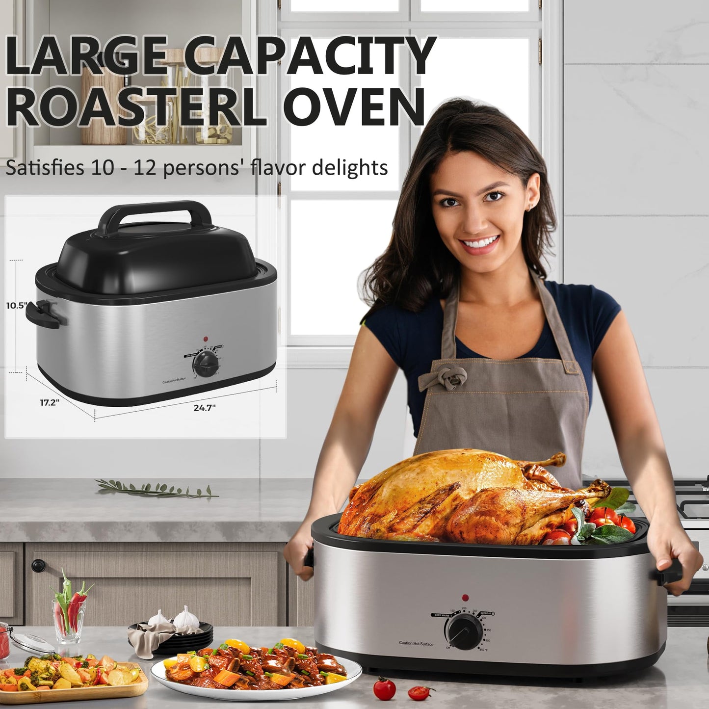 Sunvivi Roaster Oven 26 Quart, Electric Roaster Oven with Visible & Self-Basting Lid, Turkey Roaster Oven with Removable Pan & Rack, Variable Temperature Control, Stainless Steel, Silver