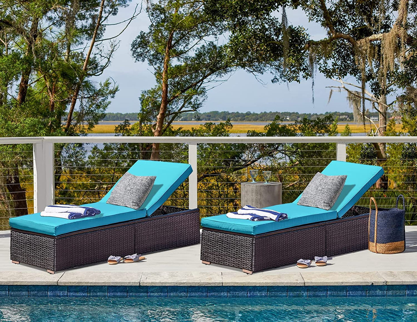 Sunvivi Outdoor Chaise Lounge, Patio Lounge Chair Wicker Adjustable Reclining Chair for Pool with Removable Cushion, Blue