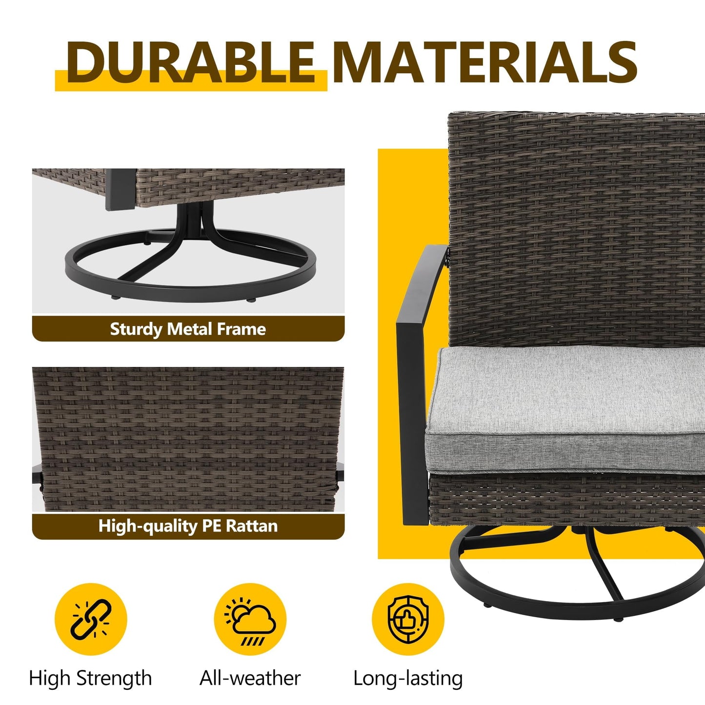 Royalcraft 3 Pieces Patio Bistro Set with Swivel Chair and Small Side Table, All Weather Rattan Chairs with Water-Resistant Cushions & Metal Frame, Outdoor Rocking Chairs, Grey