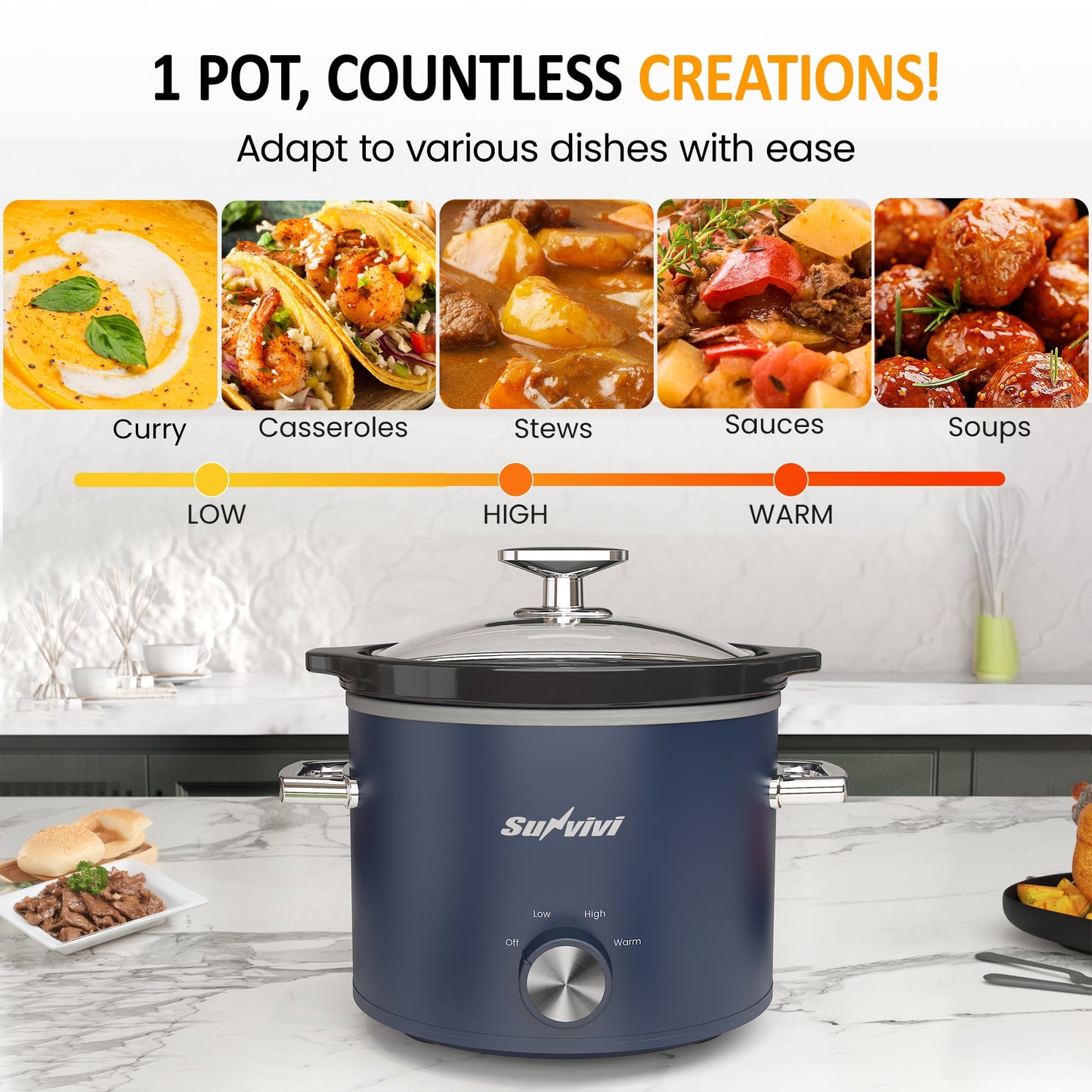 2QT Small Slow Cooker with Removable Ceramic Pot, 3 Heating Settings, Dishwasher-Safe Glass Lid,Blue