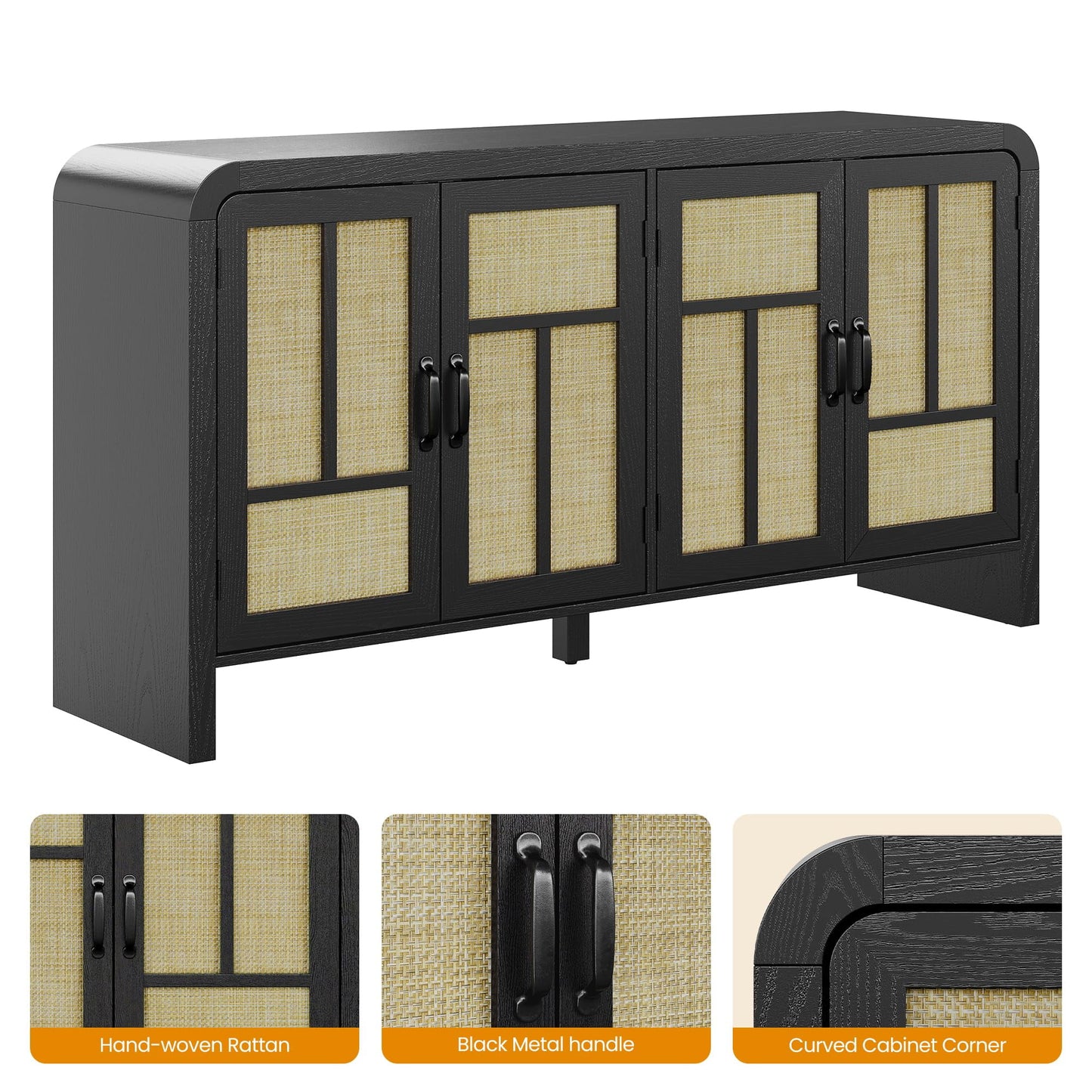 Heynemo 59'' Storage Cabinet with 4 Rattan Door (Set of 2), Boho Sideboard Buffet Cabinet with Adjustable Shelves, Large Entryway Table for Kitchen, Hallway, Dining Room, Living Room, Office, Black