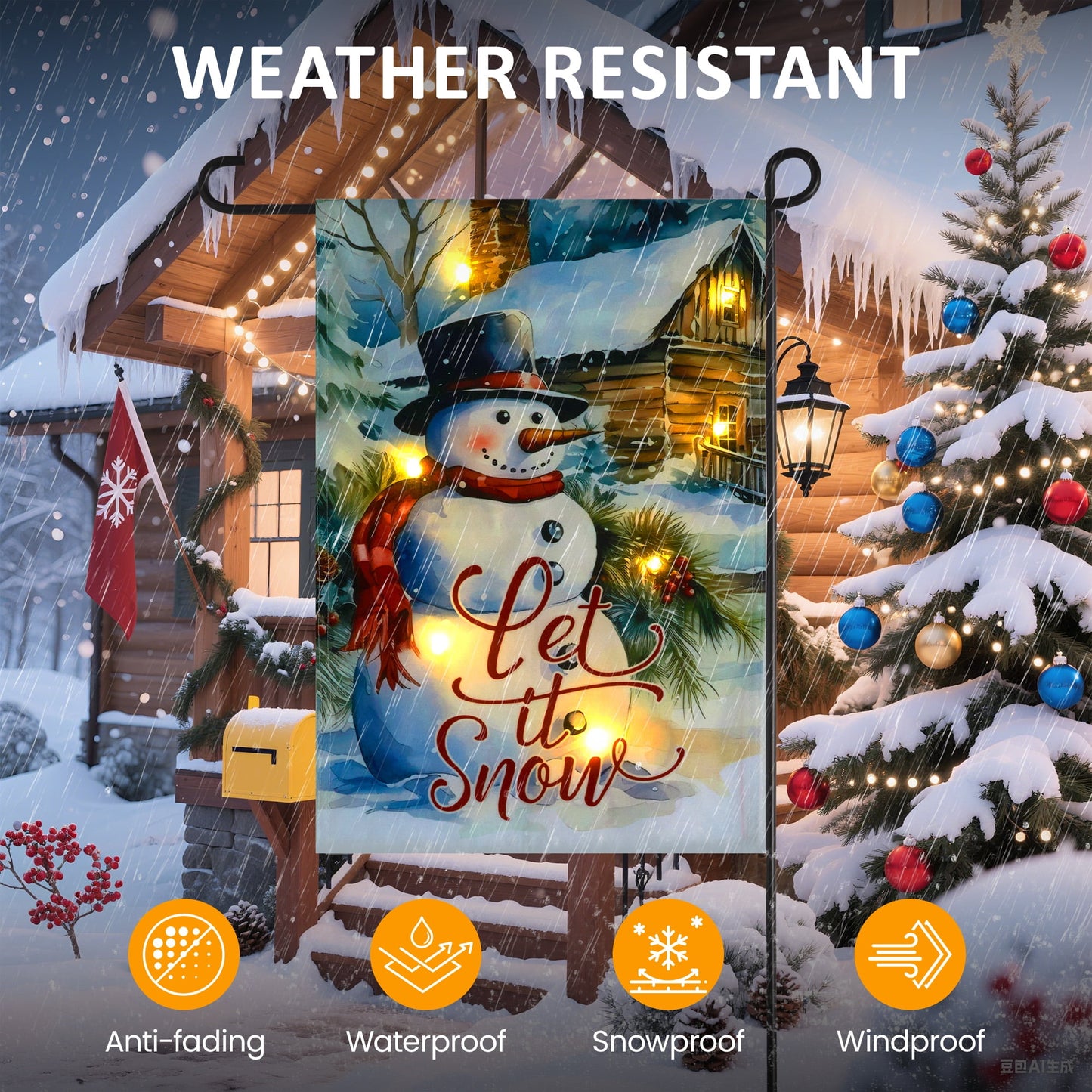 Heynemo Christmas Solar Garden Flag with Lights, LED 12"x18" Double-Sided Snowman Yard Flag,  Snowman Garden Decoration for Lawn, Porch, Path