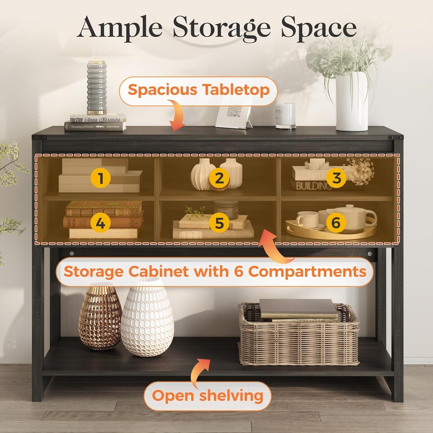 Royalcraft Entryway Table with Storage Cabinets, 46" Modern Farmhouse Console Table with Sliding Barn Door, Wood Rustic Sofa Table with Adjustable Shelf for Hallway, Living Room, Foyer,Dark Grey