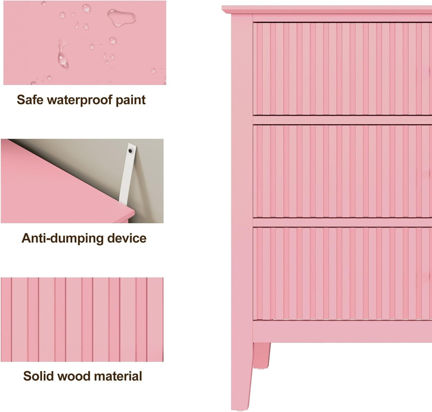 May in Color Pink Fluted Nightstand with 3 Drawers, Modern Bedroom End Table, Wood Bedside Table