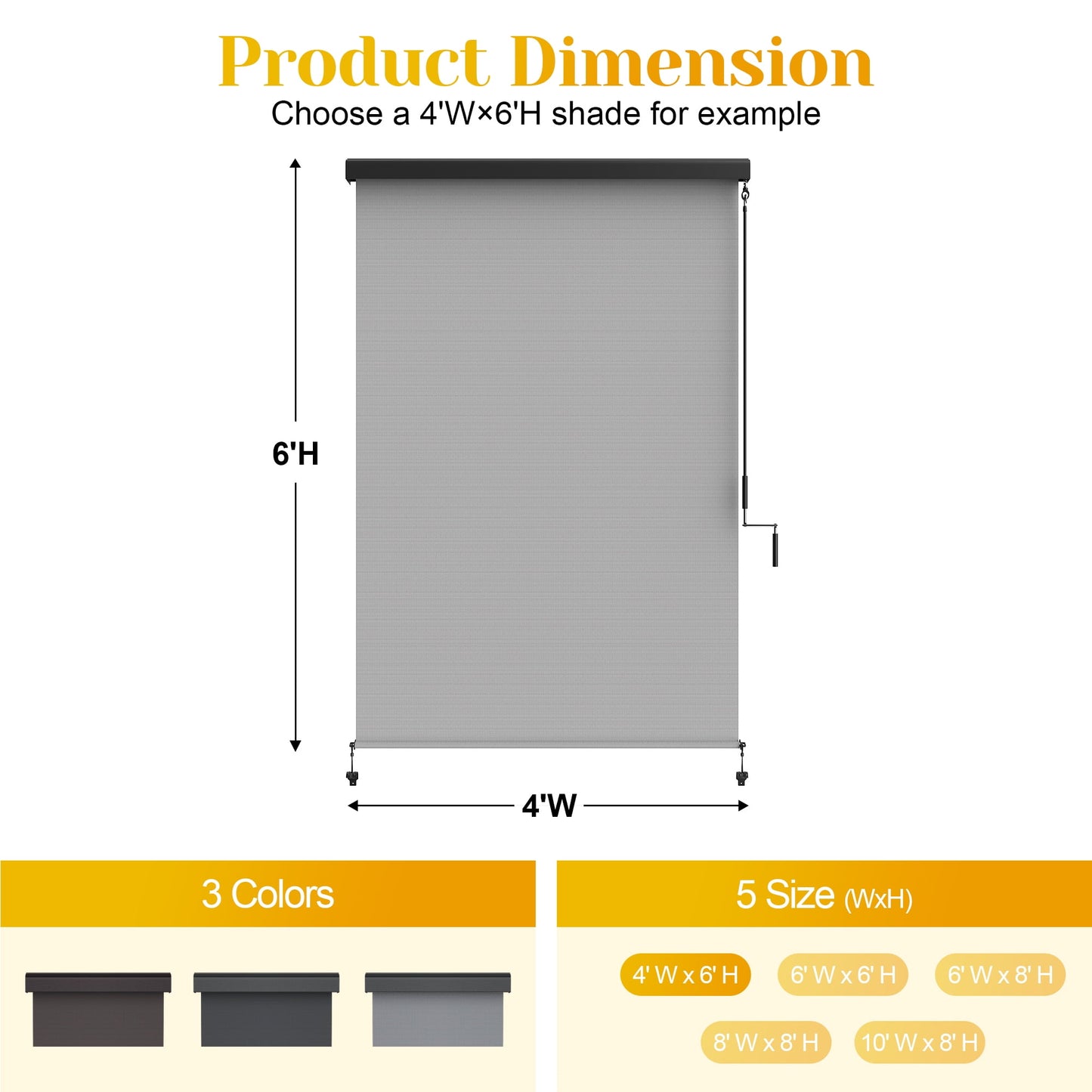 Superjoe Outdoor Roller Shade with 95% UV Block, Waterproof, Cordless, 4'W x 6'H, Gray