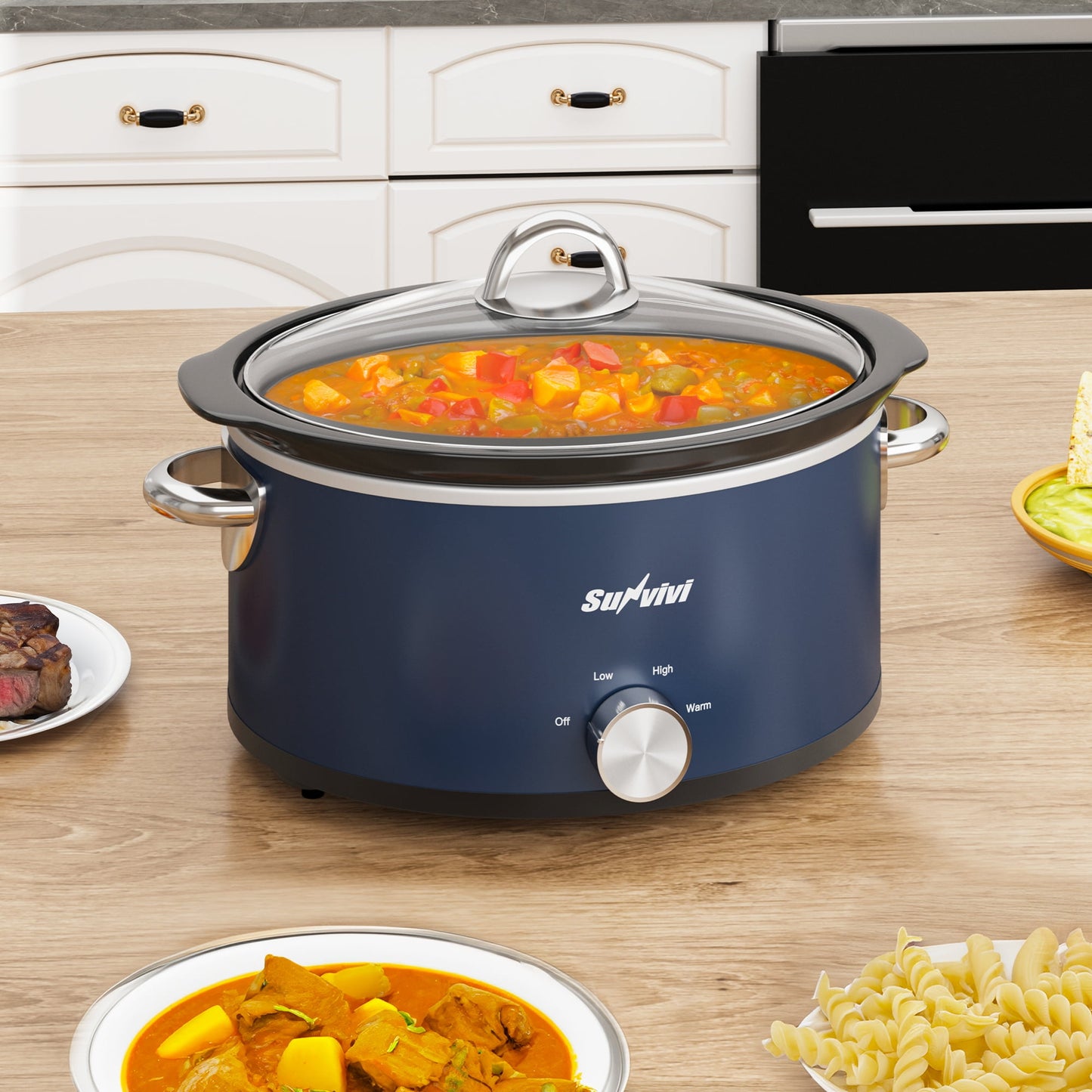 3QT Compact Slow Cooker & Food Warmer with 3 Temperature Settings, Removable Ceramic Pot, Dishwasher-Safe Glass Lid, Stainless Steel - Available in Black, Silver, and Blue