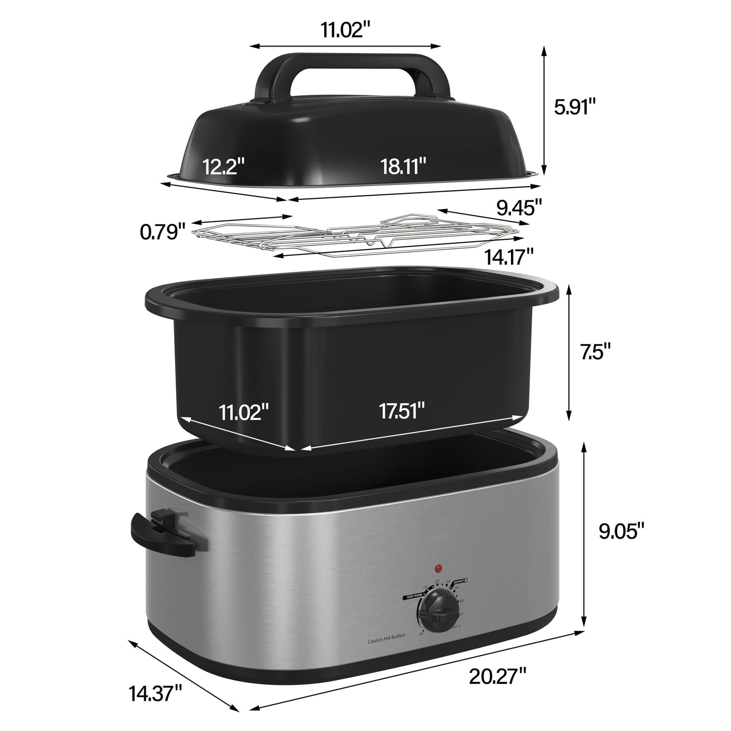RoyalCraft 22 Quart Electric Turkey Roaster Oven with Visible Glass Lid, with Removable Pan & Rack, Stainless Steel,Silver