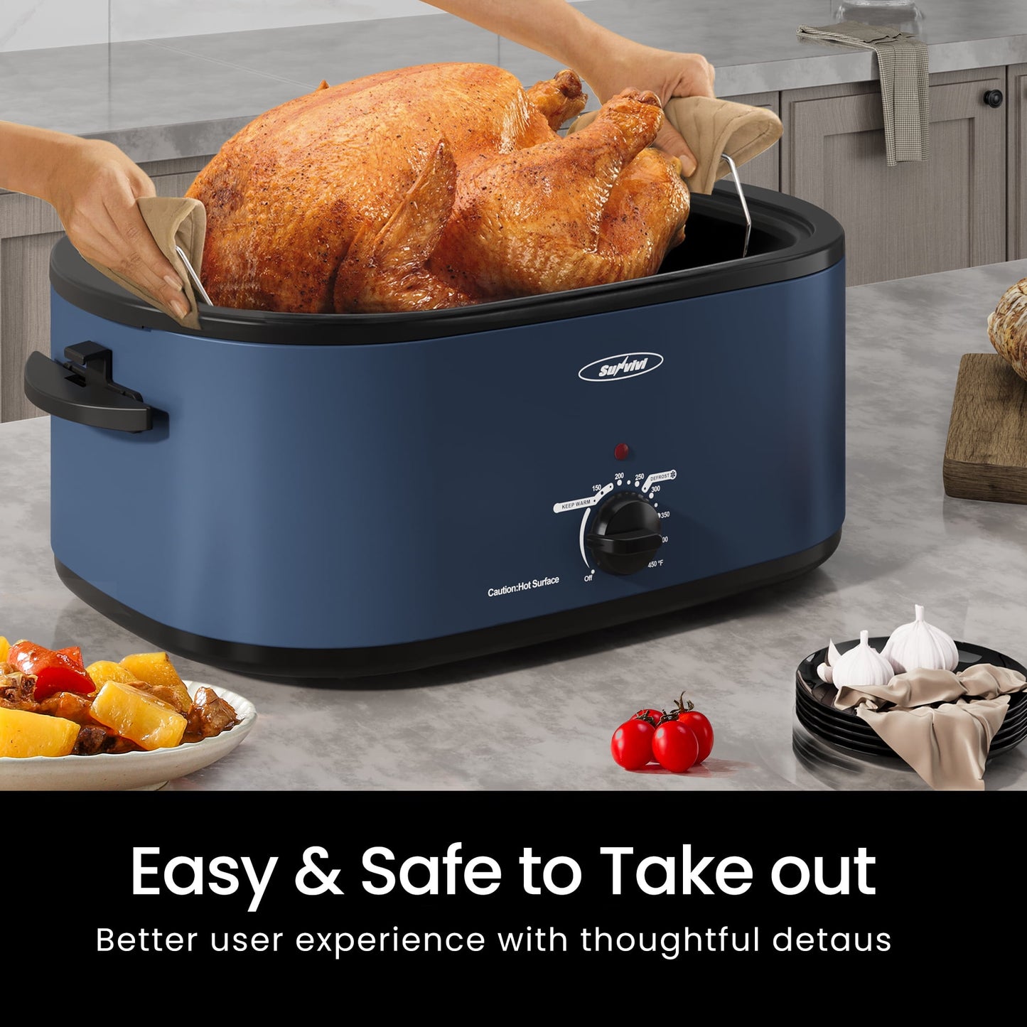Sunvivi 24qt Electric Roaster Oven with Self-Basting Lid, Stainless Steel, Blue