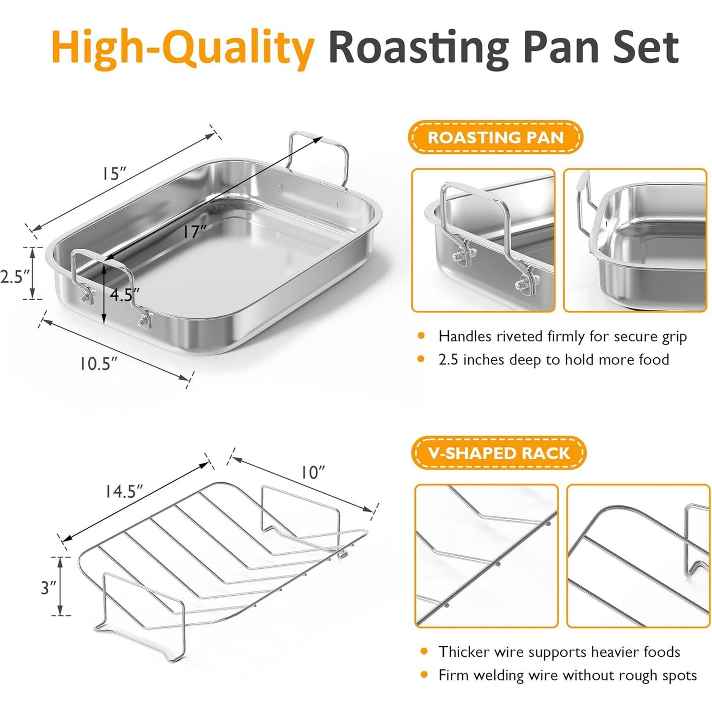 Sunvivi 15.6" Roasting Pan with V-Shaped Rack, Deep Stainless Steel Turkey Roaster, Dishwasher Safe