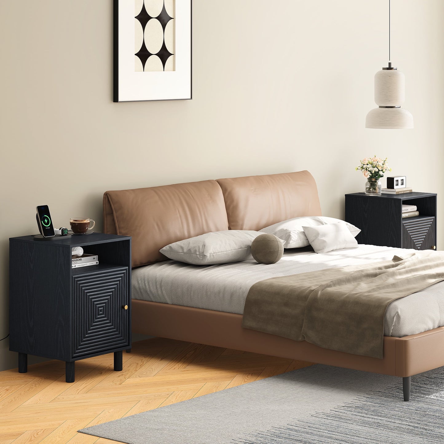 Heynemo Wood Nightstand with Storage, Bedside Table with Charging Station and Solid Wood Legs, Ideal for Living Room, Bedroom, Entryway, Black, Set of 2