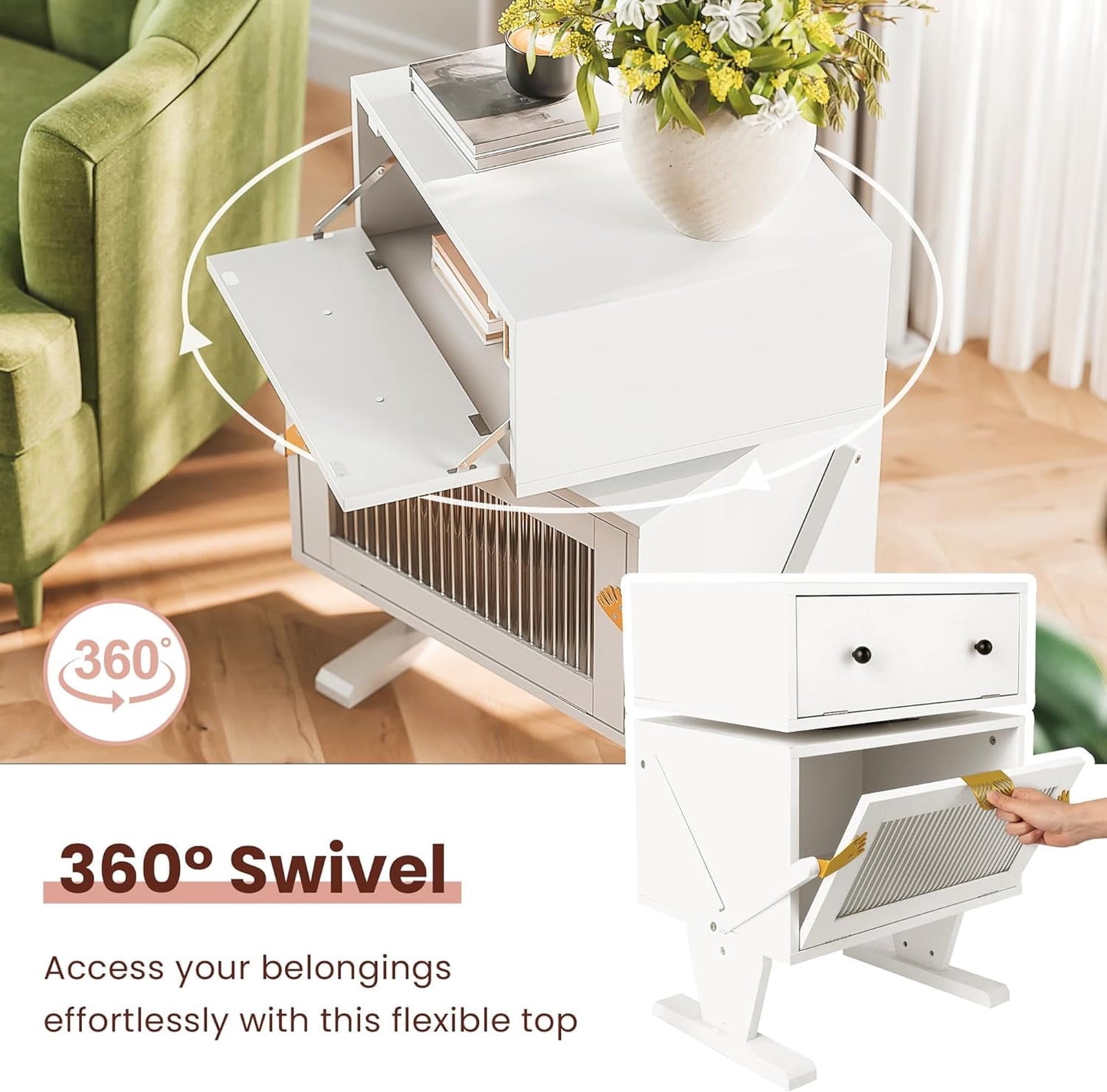 Heynemo White Nightstand with LED Light Strips 360¡ã Rotating Drawer, Modern End Table with Glass Door Storage, Wood Bedside Table Cabinet for Living Room, Bedroom